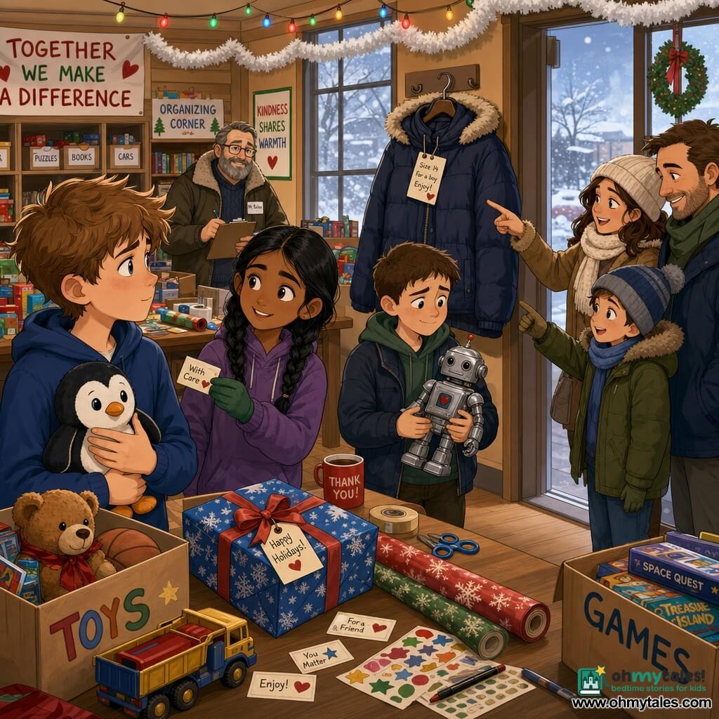 A 12-year-old boy, Leo, round-faced with messy light brown hair and a tender, slightly worried expression, stands near a table of toys holding a small stuffed penguin protectively; a 12-year-old girl, Priya, with brown skin and braided black hair and an encouraging smile, wearing green gloves, offers a sticker toward him; a 13-year-old boy, Owen, with short brown hair and a shy, relieved look, holds a repaired silver robot slightly back by an adult; Mr. Barlow, in his fifties with a thick coat and graying beard, watches kindly from near a sorting corner in a Christmas-decorated community center—wooden tables piled with colorful toys, white garlands and lights, wrapping paper and tags scattered, fogged windows showing snow—Leo is looking at a navy winter coat hung near the entrance with a handwritten tag as a family enters pointing to it with relief, the scene bathed in soft, generous light.