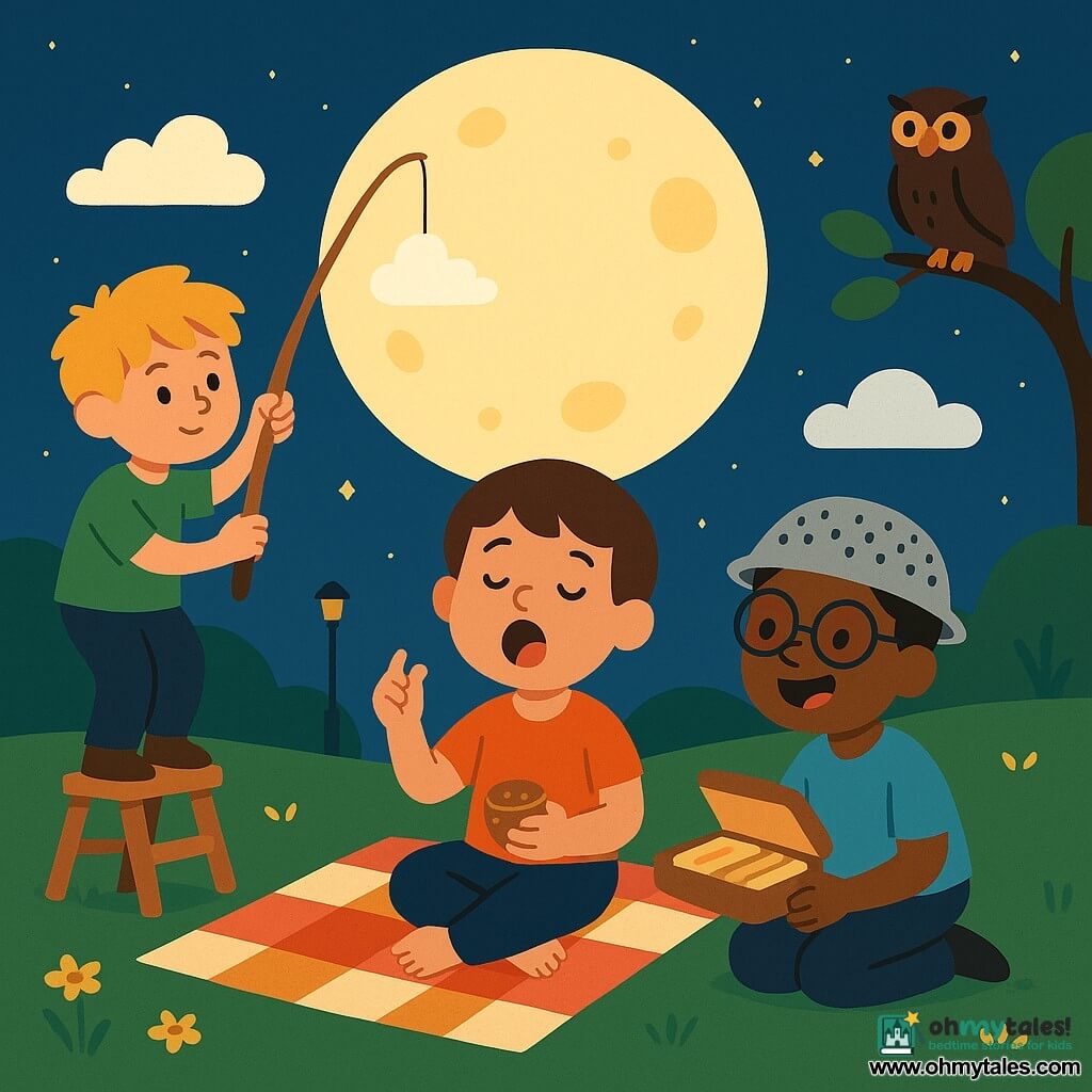 Three boys around nine years old sit on a striped blanket for a whimsical nighttime picnic on a grassy hill behind a small school: Sam, brown short hair, soft eyes, yawning and holding up a small jar of cookie crumbs; Milo, messy blond hair, green T-shirt, standing on a small wooden ladder to Sam’s left and holding an old fishing rod that hooks a fluffy cloud; Ben, black hair and round glasses, kneeling to Sam’s right with a metal sieve on his head like a helmet and an open sandwich box. A low, slightly textured full moon hangs above with a few cottony clouds and a perched owl, a soft lamppost and an old ladder rest on the hillside, textured deep green grass dotted with yellow flowers; the mood is warm, tender and comical with clean shapes, flat colors and rounded outlines for a child-friendly look.