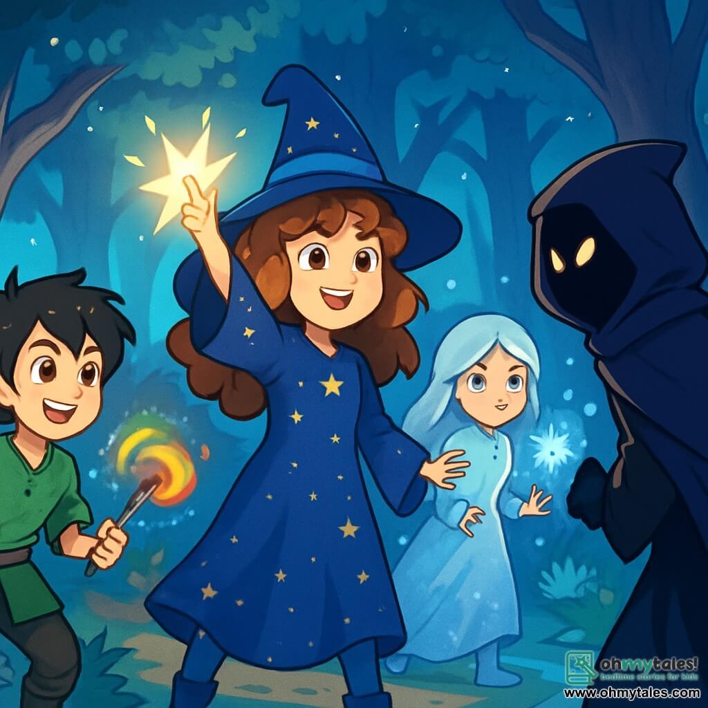 A young apprentice witch, Elara, aged 12, stands at the center of the scene. She has curly auburn hair cascading over her shoulders, and her emerald eyes shine with excitement and determination. She wears a midnight blue witch dress adorned with sparkling stars and raises a hand towards a magical light dancing before her, her face radiating courage. To her right, Kael, a 12-year-old boy with messy black hair and a mischievous smile, stands ready to help. He wears a green tunic and holds a magic wand, his eyes sparkling with mischief as he prepares a colorful illusion to support Elara. To her left, Mira, a 12-year-old girl with silver hair and bright blue eyes, focuses on the ice elemental she is summoning. She is dressed in a shimmering white gown, and snowflakes swirl around her, adding a touch of magic to the scene. The setting is an enchanted clearing in the Whispering Woods, where majestic silver-trunked trees reach towards the sky, their shiny leaves creating a fairy light effect. Luminescent flowers dot the ground, and a sparkling stream winds through the clearing. The main situation shows Elara, Kael, and Mira united against a mysterious thief, shrouded in shadows, attempting to escape with the Veil of Shadows. The air is charged with magical tension, and an aura of adventure surrounds them, ready to burst into a blaze of light and color.