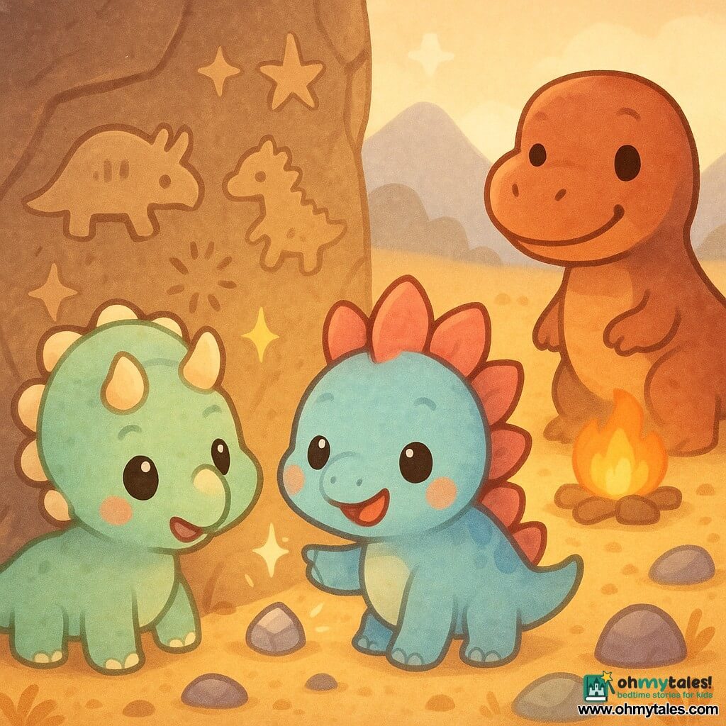 The main character is Tilly, a joyful, amazed triceratops with soft mint-green skin, big bright eyes, three small rounded horns and rosy cheeks, pointing her muzzle at rock carvings; secondary: Spike the stegosaurus, confident and smiling with a blue shell and pink plates, standing beside Tilly looking at the drawings with one foot raised toward a sparkling stone; secondary: Rex the tyrannosaur, imposing but kind with dark reddish-brown skin and a calm smile, in the background by a campfire observing; setting: edge of the Lost Desert at the foot of misty mountains, golden sand dotted with colorful stones and dry grasses, a large rock wall with ancient carvings and stylized stars; scene: Tilly and Spike discover ancestral carvings on the carved wall, warm lighting, rounded chibi silhouettes, bright colors and soft textures, composition centered on the characters and the carved wall.