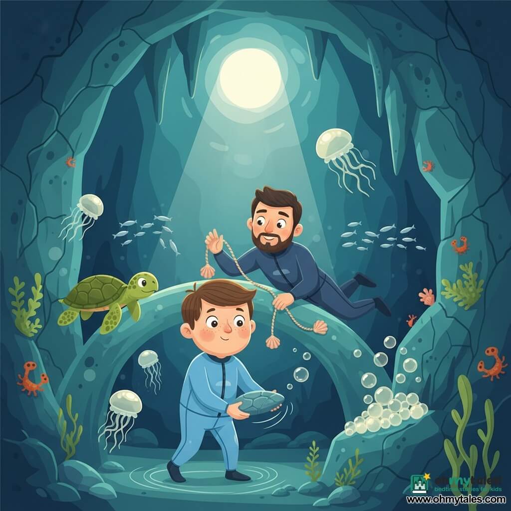 A 10-year-old boy with a round freckled face, short brown hair and wide, amazed eyes, calm and smiling, wears a light-blue wetsuit and gently holds a flat stone with both hands to create a current beneath a rocky arch; an adult man (father, ~35–40) with short beard and dark hair, protective encouraging gaze, in a dark wetsuit floats slightly behind, watching and holding a shell-marked rope; friendly marine creatures—a slow rounded sea turtle on the left, a small school of silvery fish in lines, and translucent jellyfish emitting soft light—surround them; location: a large underwater cavity with stalactite ceiling, green-blue textured rock walls with algae and small crustaceans, and a band of bubbles trapped under the arch that shimmer like pearls; scene: the boy’s gentle current releases pearly bubbles, some sliding along the rock and rising toward a bright opening, tranquil mood, saturated yet soft colors, clear contrasts and simple shapes for a childlike look.