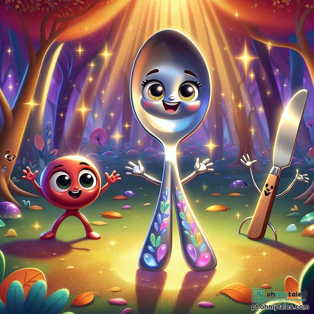 Lili, uma pequena colher de metal com olhos brilhantes e um sorriso radiante, está no centro do palco, com os braços levantados entusiasticamente, pronta para a aventura. Seu corpo é brilhante e liso, com padrões coloridos em seu cabo que cintilam sob a luz. Ao seu lado, Tico, um garfo de plástico vermelho, pula de alegria, suas pontas afiadas brilhando. Ele tem uma expressão cheia de excitação e amizade, acenando para encorajar Lili. Mais adiante, Rafa, uma fina lâmina de faca de aço inoxidável, observa com um olhar determinado, pronto para ajudar, enquanto Nena, uma espátula de madeira, sorri calorosamente, segurando uma folha brilhante como um barco. A cena acontece na Floresta Brilhante, um lugar mágico repleto de árvores coloridas e flores luminescentes que brilham como estrelas. O chão é coberto de folhas douradas e um pequeno riacho canta alegremente enquanto serpenteia entre as árvores. Lili e seus amigos se preparam para atravessar o riacho em uma grande folha, todos juntos, unidos pela excitação de sua busca pelo Sol de Cristal, iluminando assim seu caminho de aventura.