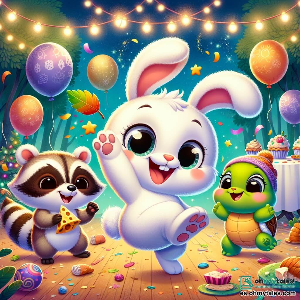 Un adorable conejito blanco llamado Benito, con grandes orejas y ojos brillantes de alegría, salta con entusiasmo al centro de la escena, sosteniendo una hoja colorida donde ha escrito sus resoluciones de Año Nuevo. A su lado, su amigo el mapache Miguelito, con pelaje marrón y rayas negras en la cara, sonríe ampliamente levantando un trozo de queso, expresando su alegría y determinación para encontrar más delicias este año. Un poco más atrás, la tortuga Tula, con su caparazón verde y ojos dulces, baila lentamente, radiante de felicidad, deseando aprender a moverse como sus amigos. La escena se desarrolla en un claro encantado del bosque, decorado con guirnaldas coloridas, globos flotantes y una gran mesa llena de golosinas festivas, bajo un cielo estrellado. En medio de esta fiesta alegre, los tres amigos celebran juntos el Año Nuevo, rodeados de risas y música, listos para cumplir sus sueños y disfrutar de su amistad.