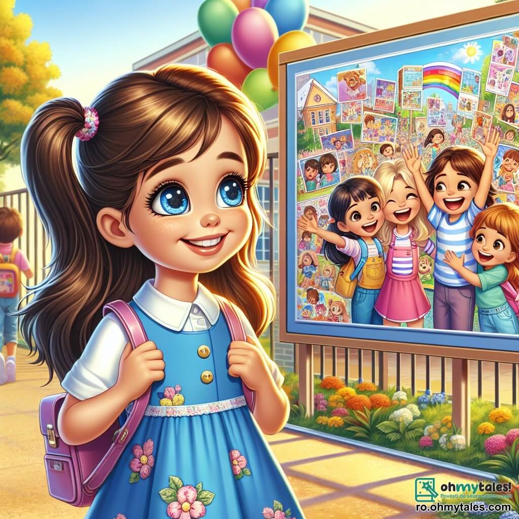 O fetiță de 6 ani, pe nume Maria, stă în centrul imaginii, cu ochi mari și strălucitori și un zâmbet radiant. Ea poartă o uniformă școlară albastră cu o fustiță colorată cu flori, iar părul ei lung și brunet este prins în două codițe. Maria privește cu uimire un mare panou colorat la intrarea școlii, unde sunt expuse desenele copiilor. Lângă ea, mama ei, o femeie de aproximativ 30 de ani cu păr castaniu și un zâmbet cald, îi ține mâna încurajând-o. Ea poartă o rochie ușoară și un rucsac pe umăr. Puțin mai departe, sora ei mai mare, Ana, în vârstă de 10 ani, stă cu un grup de copii, râzând și discutând vesel, purtând un tricou cu dungi și blugi. Locul este o curte de școală însorită, înconjurată de copaci mari cu frunze aurii, cu jocuri colorate și copii care se distrează. Baloane plutesc în cerul albastru, iar flori multicolore marginesc cărarea. Situația principală o arată pe Maria, plină de entuziasm și anticipare, pregătită să intre în noua ei școală pentru prima zi, înconjurată de familie și noi prieteni, simbolizând începutul unei frumoase aventuri școlare.