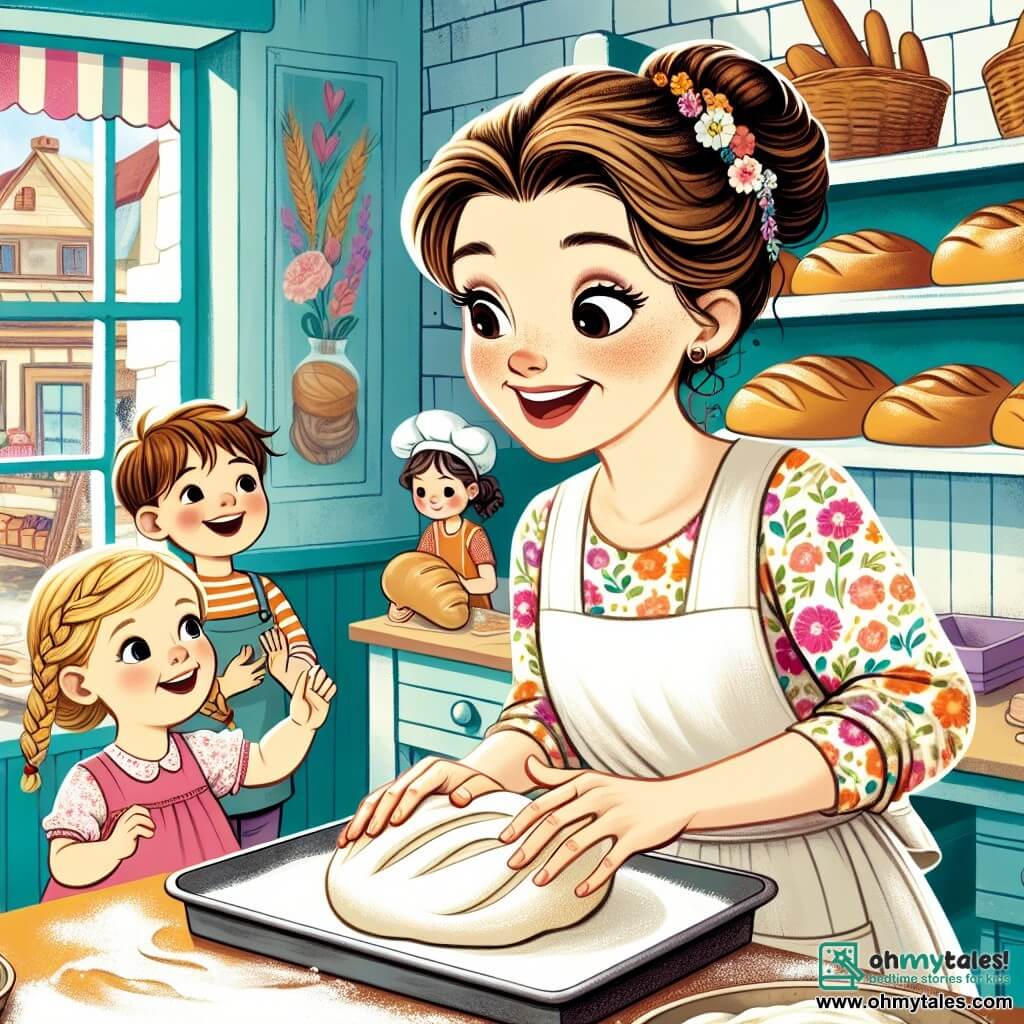 In a warm and colorful bakery, a joyful woman named Lucy, in her thirties with brown hair in a bun and a floral apron, is kneading bread dough with a big smile on her face. Her eyes sparkle with happiness as she shows the children how to make bread. Next to her, a little girl named Mia, 7 years old with braided blonde hair and a pink dress, watches in awe, holding a small piece of dough in her hands. She smiles with excitement, ready to try kneading the dough herself. An 8-year-old boy named Jack, with messy brown hair and a blue t-shirt, stands a bit back, observing intently. He has a curious and eager look, waiting for his turn to join in the bakery magic. The bakery is lively, with shelves filled with golden breads, colorful cakes, and crispy cookies. Sunbeams filter through the large windows, illuminating the flour dancing in the air. The main scene shows Lucy, Mia, and Jack kneading the dough together, laughing and sharing joyful moments, while the sweet aroma of warm bread fills the air, creating a magical and friendly atmosphere.