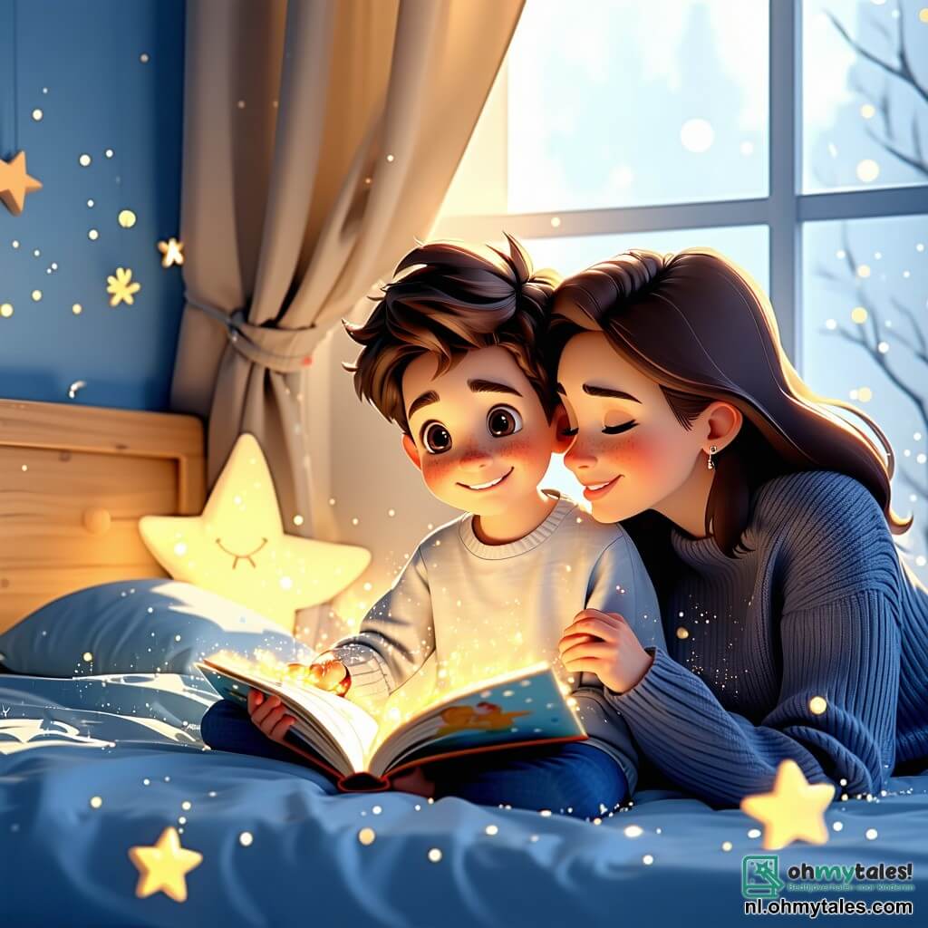 Een driejarig jongetje, Sam, met rommelig bruin haar en sprankelende ogen, zit op zijn bed en houdt een geïllustreerd boek over sterren vast. Hij heeft een nieuwsgierige maar ook een beetje bange uitdrukking op zijn gezicht, met een lichte glimlach, terwijl hij naar buiten kijkt. Naast hem leunt zijn moeder, een vrouw van rond de dertig met lang kastanjebruin haar en een zachte trui, naar hem toe om hem een troostende kus te geven. Ze heeft een tedere en geruststellende blik terwijl ze dicht bij hem in de kamer staat. De scène speelt zich af in een warme kinderkamer met pastelblauwe muren, sterren op het plafond en een kleine lamp die zacht licht verspreidt. Een knuffel ligt op het bed en er liggen boeken verspreid op een plank. Sam kijkt, een beetje nerveus maar vastberaden, naar de sterrenhemel buiten, klaar om zijn angst voor het donker te overwinnen, terwijl zijn moeder hem steun en liefde biedt.