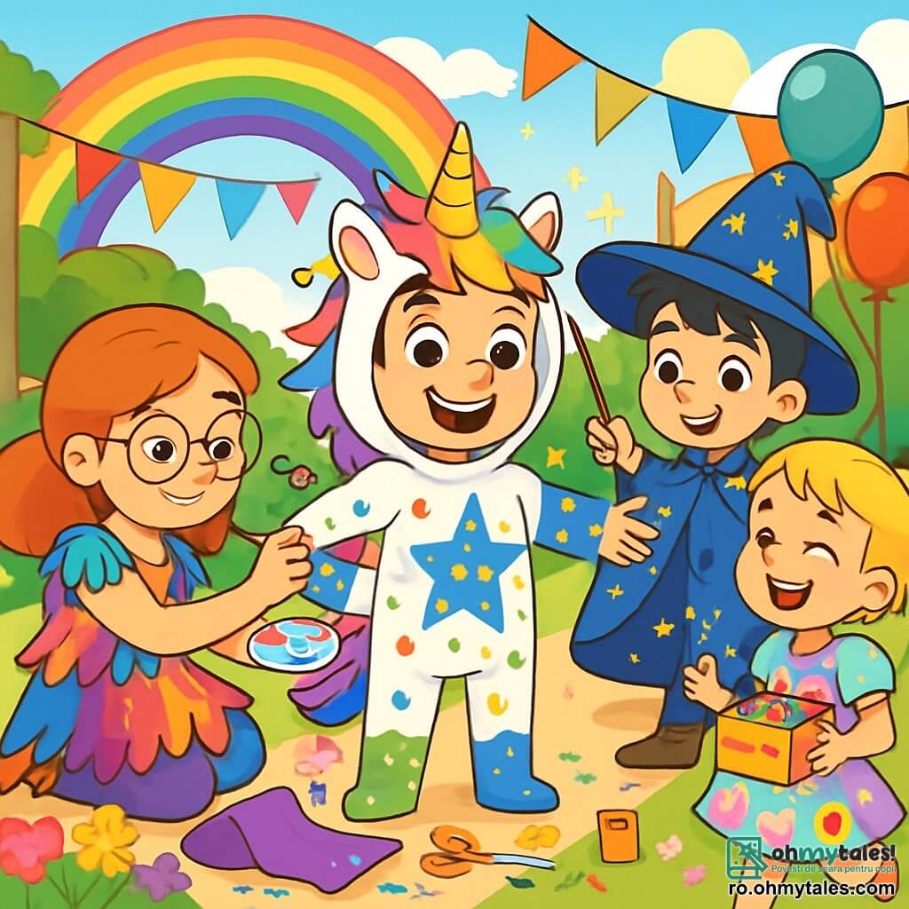 Sunt 4 copii: Darius, un băiat de 10 ani cu părul castaniu și ochi strălucitori, îmbrăcat în costum de unicorn cu o coifură colorată și clopoței. Mara, o fată de 10 ani cu părul roșu și ochelari rotunzi, poartă o rochie colorată și pictează costumele lui Darius. Vlad, un băiat de 10 ani cu părul negru și un zâmbet ștrengar, îmbrăcat într-o capa albastră cu stele aurii, face magie cu o baghetă. Lili, o fetiță de 9 ani cu părul blond, poartă o rochie pastel și ține o cutie cu dulciuri. Scena are loc într-o curte însorită, decorată cu ghirlande colorate și baloane, iar copiii pregătesc costumele pentru carnaval, râzând și ajutându-se reciproc, creând o atmosferă veselă și creativă.