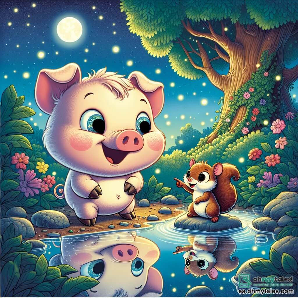 Un pequeño cerdito llamado Paco, con mejillas rosas y ojos llenos de curiosidad, se encuentra al borde de un arroyo brillante bajo la luz de la luna. Sonríe con entusiasmo y asombro al mirarse en el agua. A su lado, una pequeña ardilla llamada Susi, con pelaje marrón y ojos vivos, trepa una piedra, señalando el reflejo del cerdito con una expresión alegre y cómplice. Al fondo, un viejo arbusto majestuoso, con hojas verdes y flores coloridas, se alza bajo un cielo estrellado, mientras luciérnagas danzan a su alrededor, creando una atmósfera mágica. La escena captura el momento en que Paco se da cuenta de que la verdadera sabiduría reside en él mismo, rodeado de sus amigos en este rincón encantador del bosque.