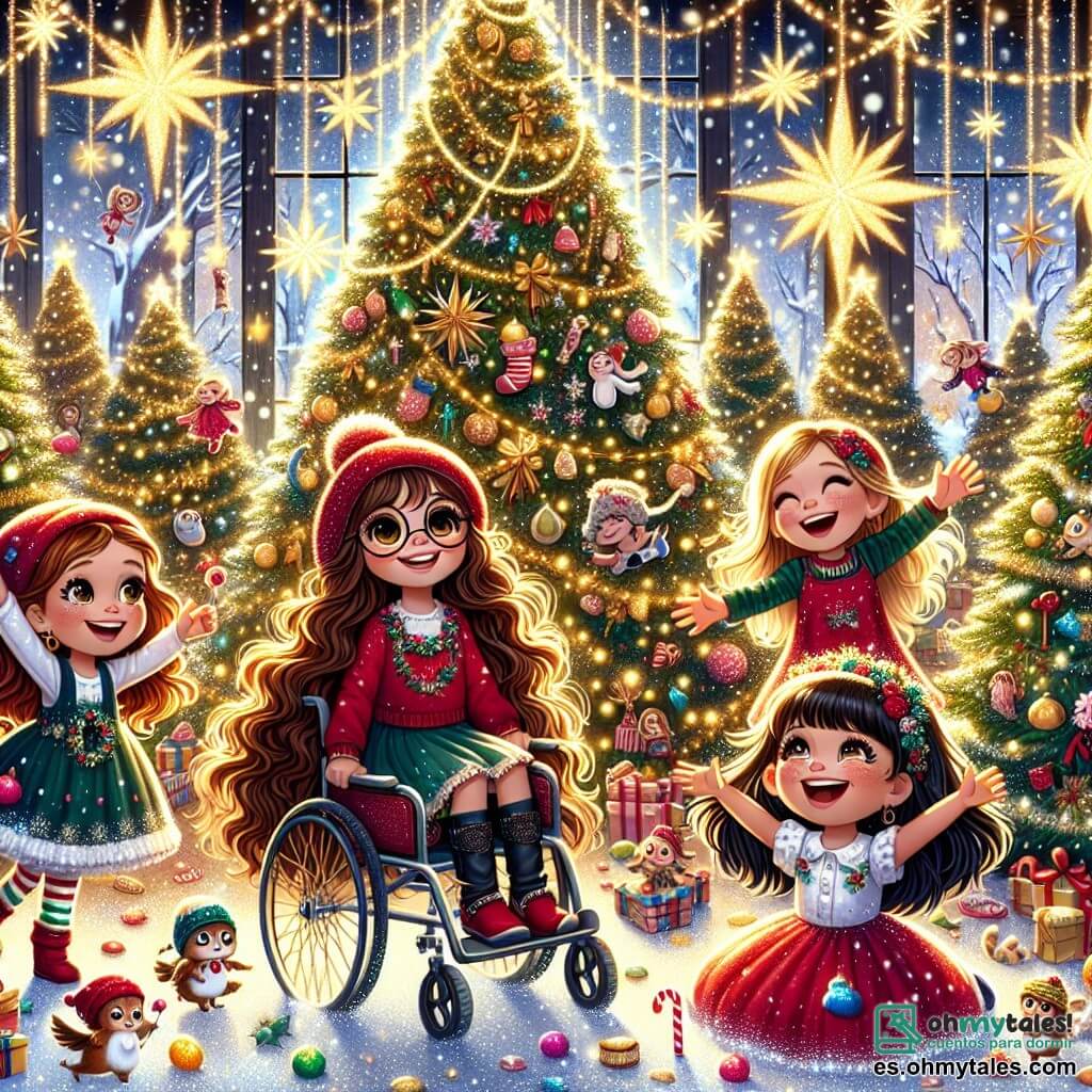 Cuatro amigas están reunidas en un bosque encantado, rodeadas de abetos decorados con luces brillantes y copos de nieve que caen suavemente. Sofía, una niña de 8 años con grandes ojos brillantes y cabello castaño rizado, baila alegremente cerca del gran árbol de Navidad. Valentina, una niña de 7 años con cabello largo y liso, lleva un gorro rojo y sonríe sosteniendo dulces de colores. Lucía, una niña de 9 años con cabello rizado y gafas, se divierte deslizándose sobre la nieve brillante, riendo con felicidad. Clara, una niña de 8 años en silla de ruedas, está rodeada de animales mágicos, su rostro radiante de alegría mientras admira las decoraciones. El lugar es un hermoso bosque nevado, iluminado por estrellas doradas y guirnaldas brillantes, creando una atmósfera mágica. Las criaturas mágicas, como hadas y duendes, bailan alrededor de ellas, añadiendo a la magia de la escena. La situación principal muestra a las cuatro amigas celebrando juntas la magia de la Navidad, compartiendo risas y dulces, rodeadas de un universo de ensueño donde los deseos se hacen realidad.