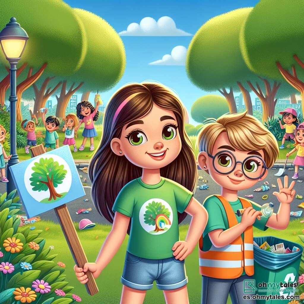 Una niña de 8 años, Lucía, con largos cabellos castaños y ojos llenos de curiosidad, está en el centro de la imagen, sonriendo y llena de energía, sosteniendo un cartel colorido que dice "¡Protejamos nuestro planeta!" Lleva una camiseta verde con un dibujo de un árbol y un pantalón corto de mezclilla. A su lado, su amigo Pablo, un niño de 9 años con cabello rubio y gafas redondas, está recogiendo basura con una gran sonrisa, usando un chaleco de seguridad naranja. El parque es verde, con árboles majestuosos de hojas brillantes y flores coloridas a lo largo del camino. Al fondo, un grupo de niños y padres están limpiando el parque, algunos sosteniendo bolsas de basura y otros haciendo actividades de reciclaje. La escena principal muestra a Lucía y Pablo organizando un día de limpieza, rodeados de sus amigos, todos unidos para proteger la naturaleza, con risas y gestos entusiastas.