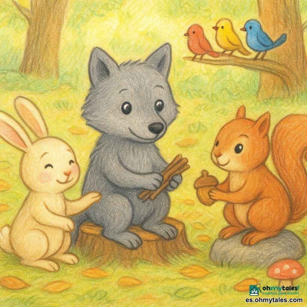 El protagonista es un pequeño lobo llamado Luno, pelaje gris, sentado en una tocón sosteniendo una ramita de madera gastada; la liebre Lila, de orejas largas y pelaje crema, ofrece con timidez la mitad de una bellota con la pata izquierda; la ardilla Sisa, de cola rizada y pelaje rojizo, sostiene la otra mitad sentada en una piedra cercana; varios pájaros coloridos posados en una rama baja escuchan la escena y, al fondo a la izquierda, la tortuga Tula mira desde el borde de un pequeño estanque; la escena ocurre en una clara de bosque con tapiz de hojas amarillas y verdes, setas, rayos de sol y un viejo tronco cubierto de musgo; Luno media para compartir la bellota entre Lila y Sisa, gestos lentos y rostros serenos en una atmósfera cálida y conciliadora, paleta pastel y texturas de lápiz de color visibles.