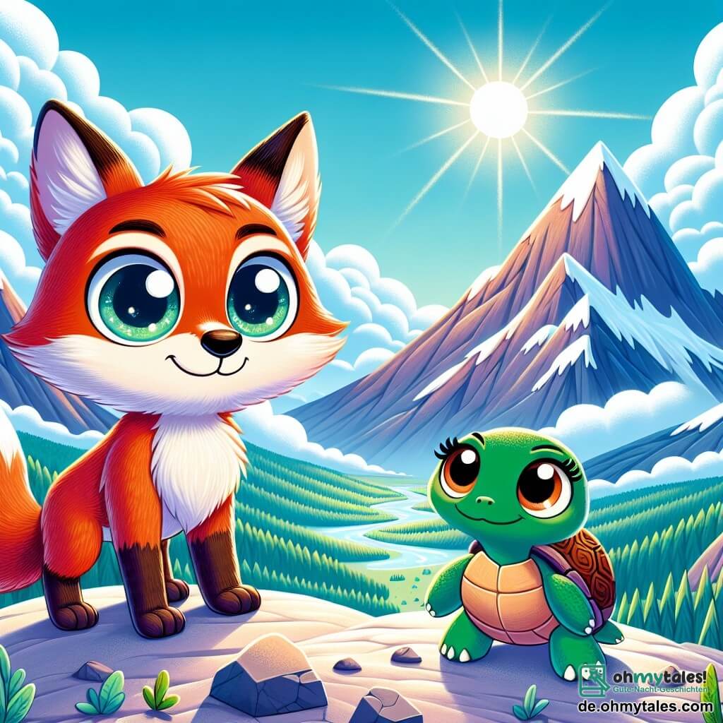 Ein kleiner Fuchs namens Felix mit leuchtend orangefarbenem Fell und neugierigen Augen steht mutig auf einem Berggipfel und schaut entschlossen in die Ferne. An seiner Seite steht eine kleine Schildkröte namens Tilly mit einem grünen Panzer und großen, sanften Augen, die ermutigend lächelt und fest auf ihren Beinen steht. Im Hintergrund erstreckt sich eine majestätische Berglandschaft mit schneebedeckten Gipfeln, weißen Wolken und einem grünen Wald im Tal. Die Szene strahlt Abenteuer und Magie aus, mit Sonnenstrahlen, die durch die Wolken brechen. Felix und Tilly sind bereit, die Herausforderung zu meistern, den verschwundenen Fluss zu finden, was ihren Mut und ihre Freundschaft angesichts des Unbekannten symbolisiert.
