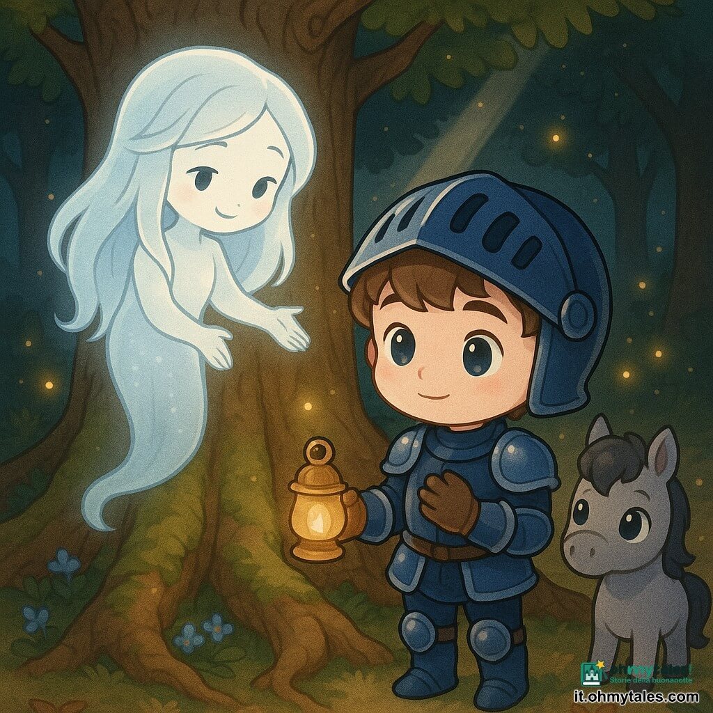 Un cavaliere chibi ragazzo dal volto rotondo con armatura blu notte lucente e dettagli argentati, espressione attenta e dolce, tiene una piccola lampada dorata e posa l'altra mano sul cuore vicino a una grande radice; uno spirito-femmina Lira umanoide luminoso dai lunghi capelli argentati come fili di luce, sorriso timido, fluttua vicino al tronco della quercia porgendo una mano traslucida verso il cavaliere; un piccolo cavallo grigio chibi dagli occhi grandi e curiosi accanto al cavaliere con uno sciame di lucciole dorate; una quercia millenaria al centro con corteccia testurizzata, radici avvolte, muschio verde e piccole fioriture blu; foresta scura ma calda, morbido raggio di luna, tappeto di foglie kaki e ocra e lucciole come punti luminosi; scena calma e magica di connessione e scoperta, composizione centrata, colori pastello contrastati, linee nette, stile chibi kawaii con espressioni molto leggibili per i bambini.