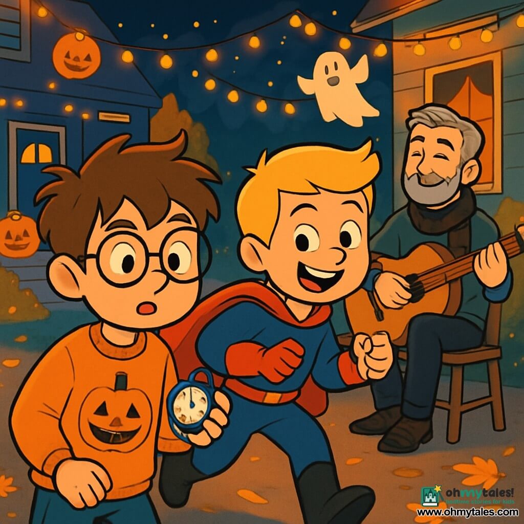 There are 3 characters: Elliot, a 9-year-old boy with messy brown hair and round glasses, wearing an orange sweater with a pumpkin pattern and holding a stopwatch; Max, a 9-year-old boy with blonde hair and a big smile, dressed as a superhero with a red cape and black boots, standing next to Elliot ready to run; and Mr. Arlo, an adult man with gray hair and a well-groomed beard, wearing a black scarf with little bats, sitting on a wooden chair slightly back, smiling at the two boys while playing the guitar. The scene takes place on a busy neighborhood street during Halloween, with houses decorated with pumpkin lanterns and paper ghosts, orange fairy lights twinkling in the dark, and golden autumn leaves scattered on the ground. The air is cool and filled with the scent of apples and cinnamon. The main situation shows Elliot and Max ready to time the race of costumed children, with Elliot focused on his stopwatch and Max poised to take off. Mr. Arlo plays a cheerful melody, creating a festive and warm atmosphere, while costumed children joyfully run around them, adding to the excitement of Halloween night.