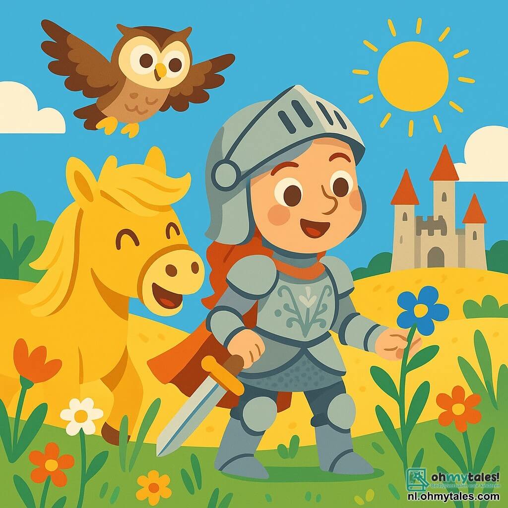 Een dappere ridster, Linde, staat trots in het midden van de afbeelding. Ze draagt een glanzende harnas versierd met bloemmotieven en een delicate helm op haar hoofd. Haar gezicht straalt vastberadenheid en vreugde uit, met sprankelende ogen vol vertrouwen. Naast haar staat haar trouwe paard, Bliksem, een pony met gouden manen, die vrolijk hinnikt met zijn oren rechtop. Boven hen vliegt Wiek, een wijze uil met bruin-witte veren, in de blauwe lucht en observeert aandachtig het landschap. Hun gezichten zijn gericht op een prachtig zonovergoten veld, bezaaid met kleurrijke bloemen en hoge groene gras dat danst in de wind. De scène speelt zich af in een uitgestrekt gouden veld, waar de zon fel schijnt en de wilde bloemen om hen heen bloeien. In de verte zijn de contouren van een majestueus kasteel zichtbaar, met zijn hoge torens en stenen muren. Linde, de ridster, is bezig blauwe bloemen van een magische plant te plukken, klaar om haar koninkrijk te redden. De situatie is vol energie en hoop, en toont de eenheid en kracht van vriendschap.