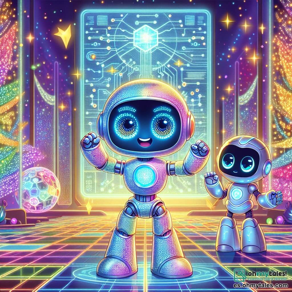 En el centro de la imagen, Lumix, un pequeño robot de colores vivos y metálicos, con ojos LED que brillan de emoción, se encuentra frente a una pantalla holográfica, con los brazos levantados en señal de determinación. Su cuerpo está cubierto de patrones luminosos que cambian de color, reflejando su entusiasmo. A su derecha, un androide amigable, un Guardián de las Estrellas, con armadura brillante y alas de luz, observa a Lumix con una sonrisa alentadora, sus ojos emitiendo un suave resplandor azul. A la izquierda, flota un holograma de C.O.R.E., la supercomputadora, con sus circuitos iluminados pulsando con energía vibrante, mostrando gráficos de datos. El escenario es el Jardín de Cristal, un espacio mágico lleno de árboles de fibra óptica de colores brillantes, flores cantantes y caminos brillantes, donde la luz danza en cada superficie. En el fondo, la silueta de la Torre Central se alza majestuosamente, rodeada de un campo de energía protectora. La situación principal muestra a Lumix enviando un mensaje urgente a C.O.R.E. para advertir a la ciudad sobre un asteroide amenazante, mientras las luces del jardín brillan a su alrededor, creando una atmósfera de misterio y aventura.