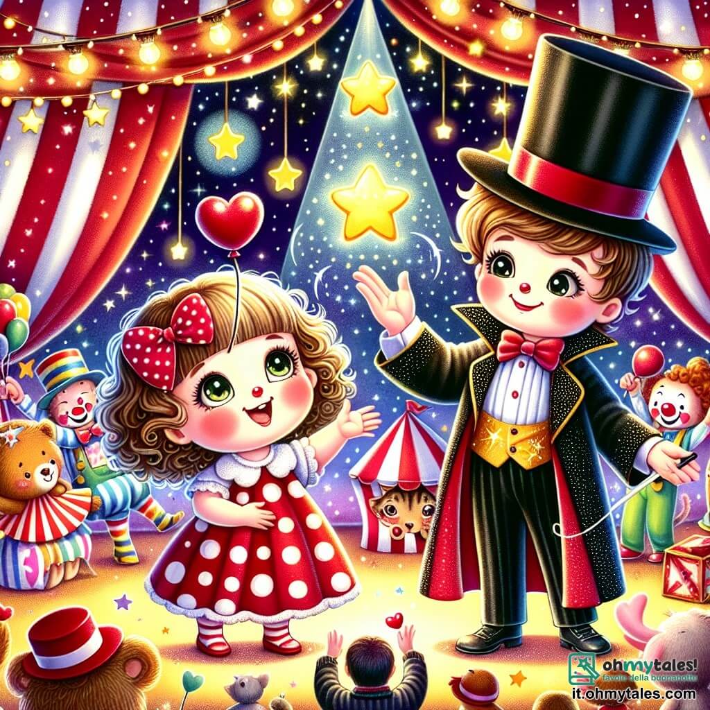 Una bambina di 2 anni, con grandi occhi brillanti e capelli ricci, indossa un vestito colorato a pois e tiene un palloncino rosso a forma di cuore. Sorride meravigliata, guardando un mago. Il mago, un uomo di circa 30 anni, indossa un grande cappello nero e un mantello scintillante. Si trova accanto a lei, sollevando le braccia per far apparire stelle brillanti nel cielo. Il circo è un luogo magico, pieno di colori vivaci: tende a righe rosse e bianche, luci scintillanti e animali vivaci. Sullo sfondo, i clown ridono e ballano, aggiungendo all'atmosfera festosa. In questa scena, la bambina e il mago stanno preparando un numero magico per lo spettacolo, circondati da risate e gioia, mentre le stelle iniziano a brillare nel cielo notturno.