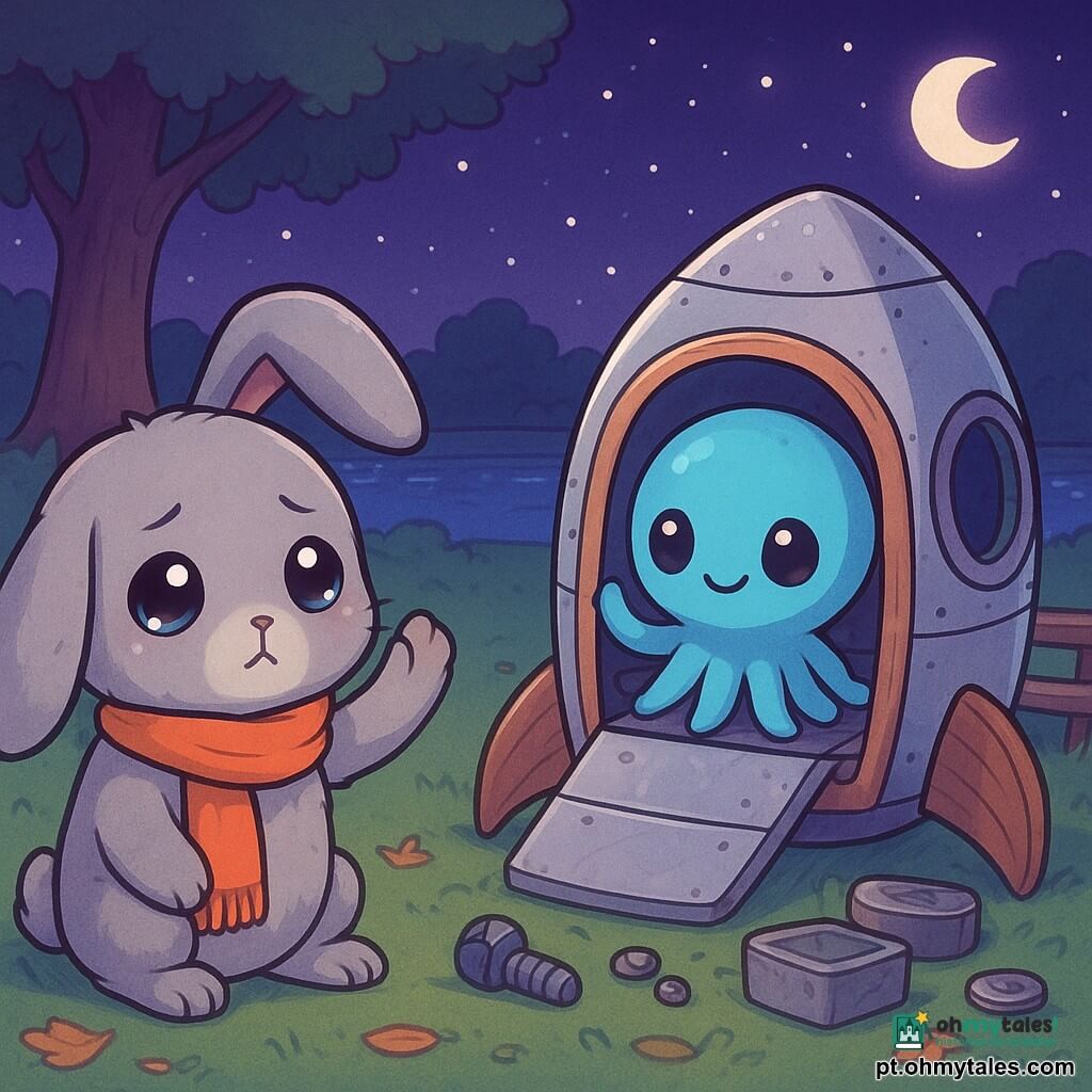 Um pequeno coelho cinza chibi de orelhas longas e pelo fofinho, com olhar doce e melancólico e uma patinha levantada em adeus, veste uma pequena echarpe laranja; perto dele, uma nave miniatura improvisada em metal brilhante e madeira abriga uma criatura extraterrestre redonda e azul chibi de pele lisa e tentáculos curtos que sorri timidamente e acena desde a porta. Objetos recuperados (parafusos, porcas, uma caixa de metal) estão junto à base improvisada num buraco de carvalho; o parque noturno mostra bancos de madeira gastos, um pequeno lago espelhado, relva verde, folhas caídas e a grande silhueta do carvalho, sob um céu violeta escuro com estrelas e uma lua suave. A cena, centrada no duo, evoca uma partida emotiva: a nave prestes a decolar ilumina os rostos com um brilho azul, criação de atmosfera ternamente calorosa e ligeiramente triste, cores pastel vivas, contrastes marcantes e linhas arredondadas e expressivas.