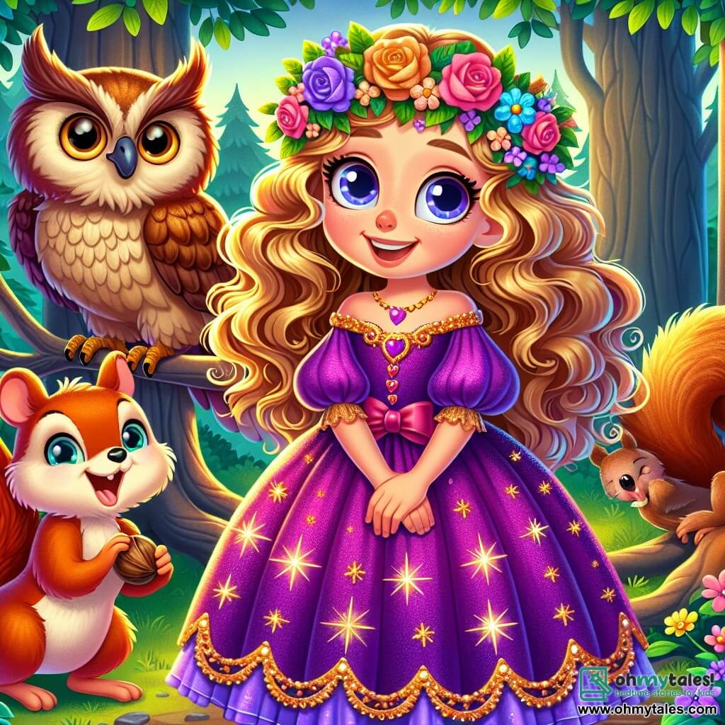 Princess Penelope, an 8-year-old girl with long, curly golden hair adorned with a colorful flower crown, wears a purple velvet dress with sparkling star patterns. She has a mischievous smile and sparkling eyes, standing center stage, ready for adventure. Beside her, a wise brown-feathered owl with round golden eyes perches on a branch, looking serious yet kind, ready to offer advice. A playful red squirrel with a bushy tail stands on the ground, nibbling a hazelnut while sharing a conspiratorial glance with the princess, full of energy and eager to join her adventure. The setting is an enchanted forest with majestic trees, bright leaves shimmering in the sunlight, and colorful flowers carpeting the ground, creating a magical and welcoming atmosphere. The main scene shows Penelope, excited, preparing to enter a maze of laughter surrounded by giggling goblins and amusing trolls, all ready to welcome her into their whimsical world, promising an adventure full of laughter and surprises.