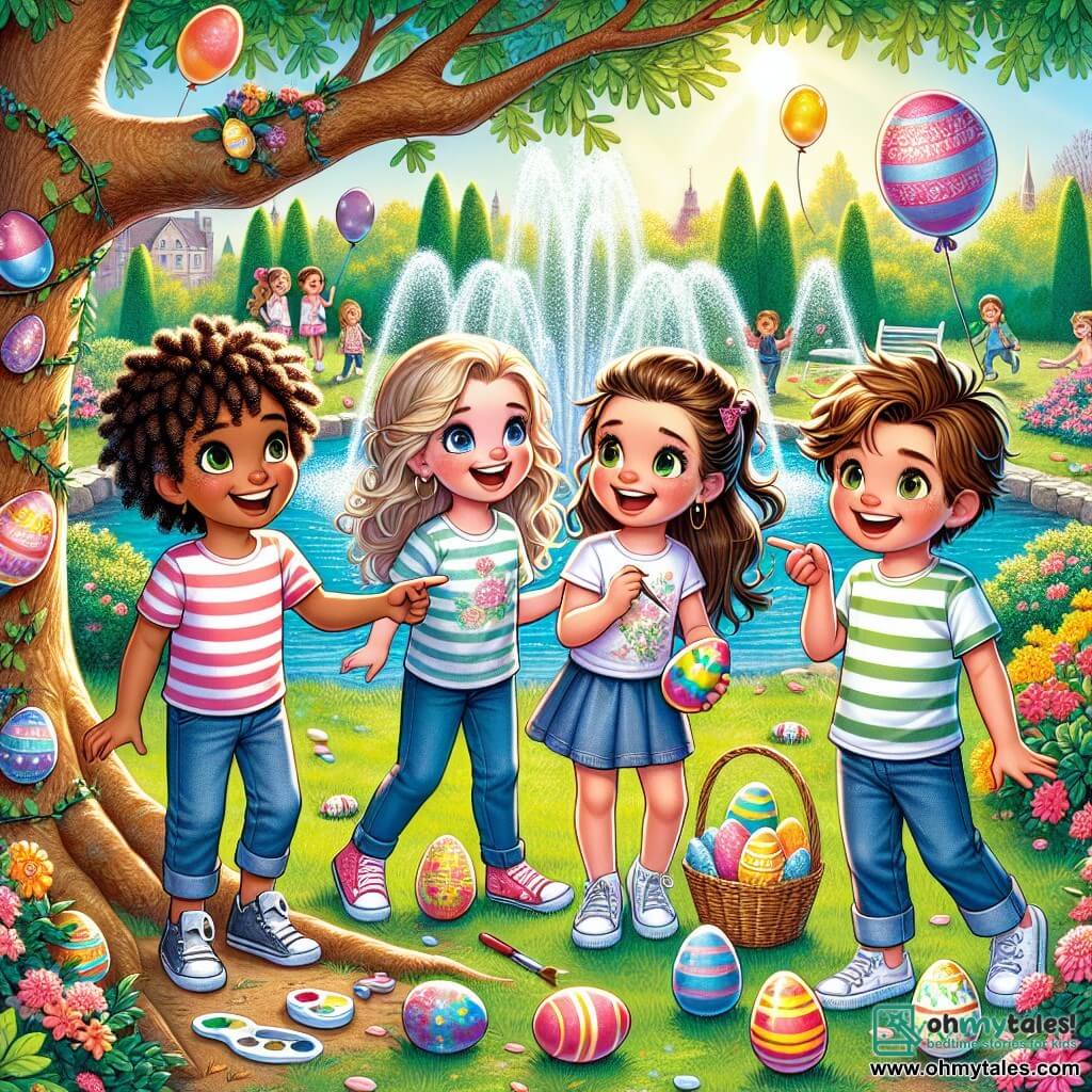In a sunny park in Joyville, four children are gathered for an Easter egg hunt. Lily, a 10-year-old girl with curly hair and sparkling eyes, stands in the center smiling and explaining the rules while holding a drawing-filled map. Next to her, Mia, a 9-year-old with long, smooth hair in a ponytail, enthusiastically points to a large oak tree. Bella, an 8-year-old with braids and a striped t-shirt, crouches by a bush, painting an egg in bright colors. Ethan, a 10-year-old boy with messy brown hair, stands back holding a basket and laughing joyfully, ready to run for the hidden eggs. The park is filled with colorful flowers, majestic trees, and a gently splashing fountain, with balloons floating in the air, creating a festive atmosphere. The scene captures the children eagerly preparing for the hunt, with laughter and joyful shouts echoing around them.