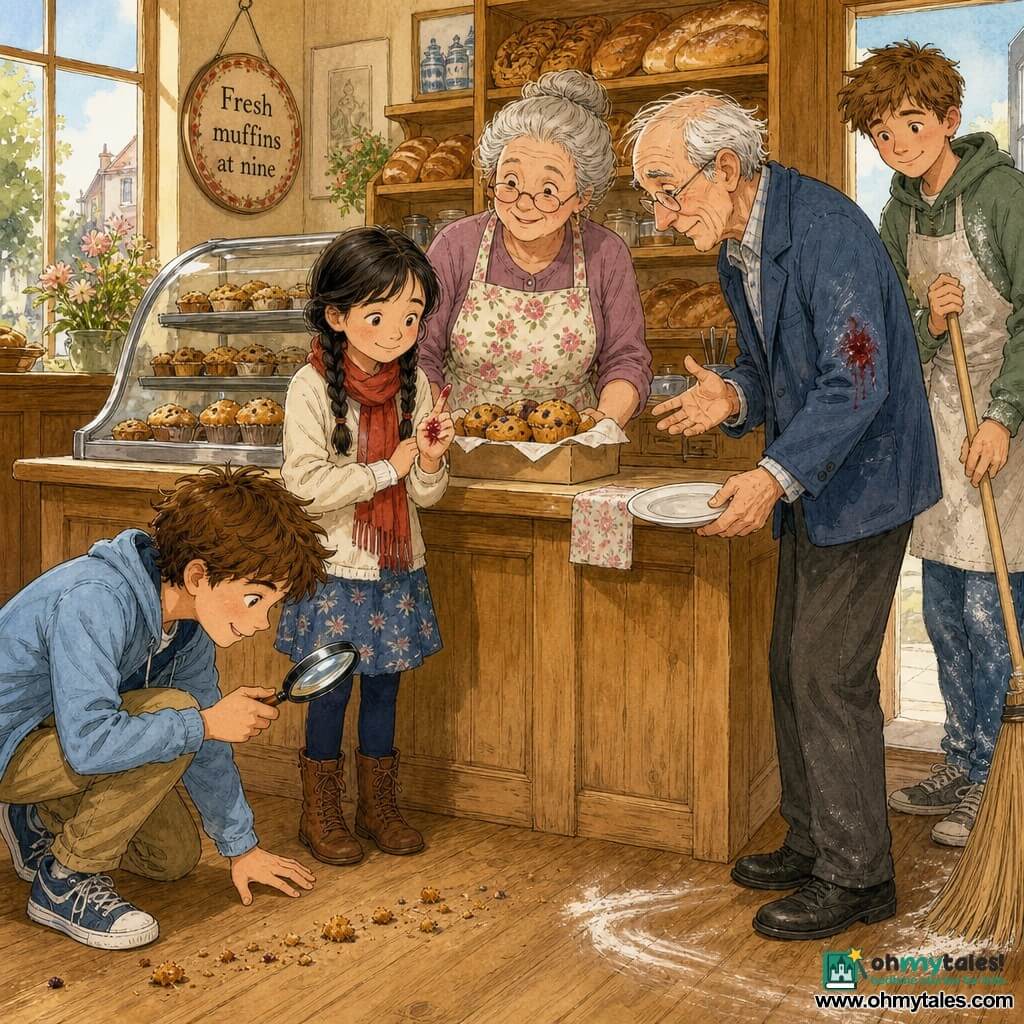 A warm bakery interior where a focused, smiling 10-year-old boy with tousled brown hair, wearing a light blue jacket and khaki pants, crouches at the counter inspecting a small trail of muffin crumbs with a round magnifying glass; Nia, about 9, with braided black hair and a red scarf, shyly shows a jam-stained little finger; Mrs. Green, about 60, gray hair in a bun and a floral apron, stands behind the light wood counter relieved, a "Fresh muffins" box in front of her; Mr. Hobbs, about 75, slight build in a blue jacket with a jam spot on the cuff, holds an empty plate apologetically; Tom, about 17, flour-dusted jeans, sweeps near the door watching awkwardly; glass display with remaining muffins, shelves of golden bread, soft morning light through a large window and a small round "Fresh muffins at nine" poster; calm, friendly resolution as the boy-detective examines crumbs, flour traces and jam stains — colorful ink illustration with clean lines, warm colors and soft paper textures suitable for children.