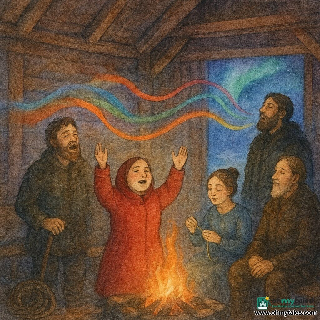 Regló is an adult woman, brave and serene, cheeks flushed by cold, in a deep red coat with hands raised to lead the song, warm determined expression; Rurik, about 40, a sturdy fisherman with stubble and coils of rope at his feet, sings in a deep voice by a bench to Regló’s left; Astrid, about 30, a slight weaver with hair in a bun, holds a gleaming golden thread and sings softly by the hearth to Regló’s right; Einar, about 35, a tall taciturn hunter in a dark fur coat, issues a deep, forestlike call while standing slightly back; Bjorn, about 65, an elderly chief with a wrinkled face and white beard, sits on a raised bench behind them, eyes wet and proud; inside a large dark wooden longhouse with massive beams, animal skins on the floor and a central hearth casting yellow-red flames and dancing shadows, the open door shows blue snow and green-violet auroras; the group sings together, their voices depicted as colored ribbons intertwining in the warm air, firelight gilding their faces, creating an atmosphere of unity and warmth amid the cold outside.
