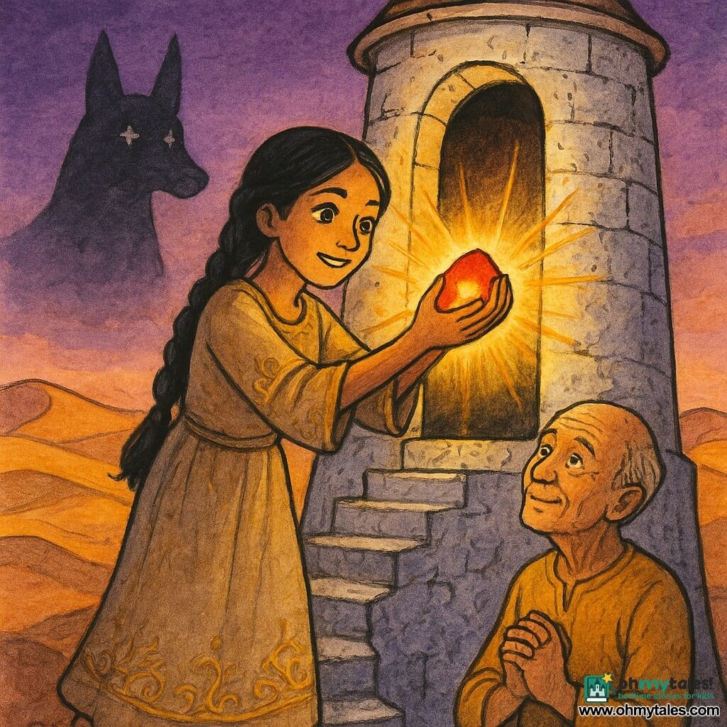 An adult woman with braided black hair and a sand-colored dress embroidered in gold, face luminous and determined, places a glowing orange-gold stone into a niche at the top of a cracked white stone lighthouse while an elderly man of about 70 with wrinkled skin and gentle eyes in a light ochre tunic watches from the bottom of the spiral stone stairs, hands crossed and admiring; a stylized Anubis spirit—a dark silhouette with a jackal head and starry eyes—floats mid-background observing without menace; wide openings reveal golden dunes and a violet-pink twilight sky, and warm magical golden beams burst from the stone across the dunes, creating an atmosphere of awakening and hope.