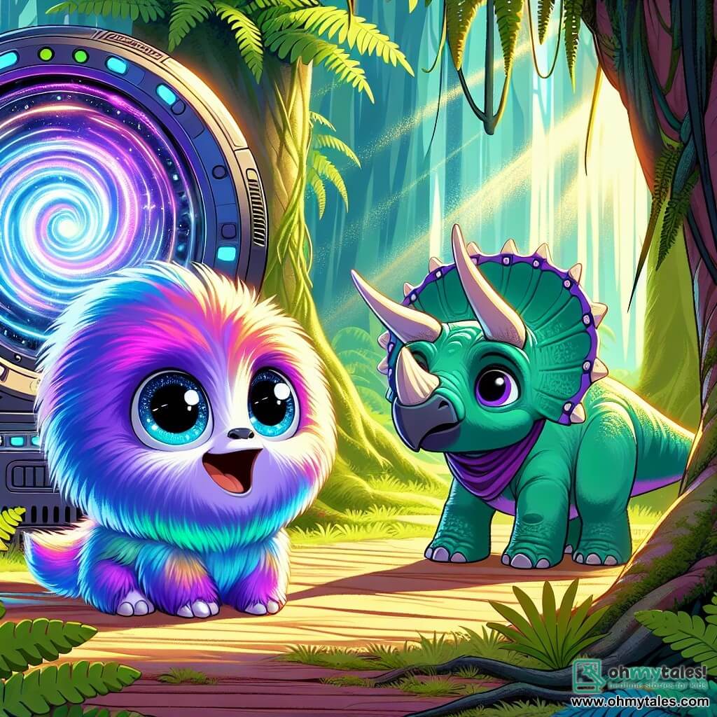 A small, round, fluffy creature with iridescent fur in bright colors (purple, blue, and green) expresses great curiosity with sparkling eyes and a wondrous smile. It stands in front of a futuristic machine, the Chrono-Explorer, which glows with a mysterious, swirling light. Next to it, a young Triceratops with green skin and majestic horns shows a look of relief and joy, rubbing against the small creature while gazing at the machine with fascination. The setting is a lush prehistoric forest filled with giant ferns and tall trees, where rays of sunlight break through the foliage, illuminating the scene with a soft golden light. The main situation shows the small creature and the Triceratops preparing to activate the time machine, eager to discover the wonders of the past, surrounded by an atmosphere of adventure and magic.