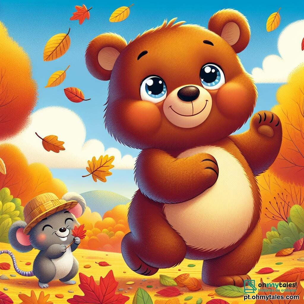Um urso pardo chamado Bruno, com pelagem macia e olhos brilhantes de alegria, dança alegremente no meio de um tapete de folhas coloridas, com os braços levantados para o céu. Ao lado dele, um pequeno rato cinza com um sorriso travesso, usando um pequeno chapéu de palha, recolhe folhas com suas pequenas patinhas, olhando para Bruno com admiração. Ao fundo, uma paisagem outonal vibrante, com árvores de folhas douradas, um céu azul claro e algumas nuvens brancas e fofas. A cena mostra Bruno e o rato se divertindo juntos preparando sua casa para o inverno, cercados pela beleza radiante do outono.