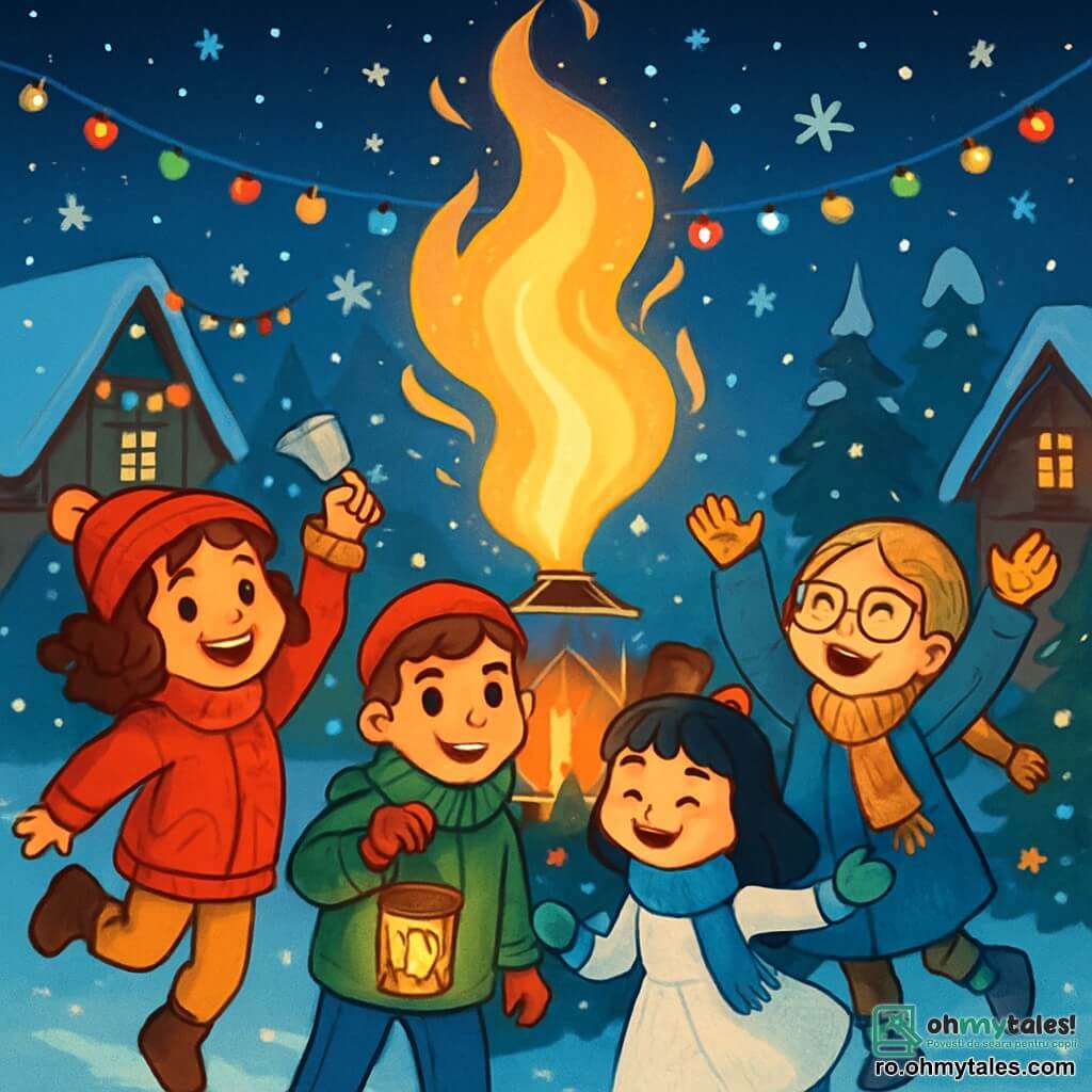 Există 4 personaje: - Mara: o fată de 10 ani, cu părul castaniu creț și ochi strălucitori. Poartă o jachetă roșie aprinsă și o căciulă de lână. Sari de bucurie, ținând în mână un clopot de argint. - Anca: o fată de 11 ani, cu părul blond împletit și ochelari rotunzi. Este îmbrăcată cu un palton albastru și o eșarfă cu modele. Zâmbește privind cerul înstelat, cu brațele ridicate în semn de sărbătoare. - Teodora: o fată de 10 ani, cu părul negru drept și breton. Poartă o rochie albă strălucitoare și mănuși de lână. Dansează cu grație, înconjurată de fulgi de zăpadă care cad în jurul ei. - Alex: un băiat de 12 ani, cu părul castaniu și un zâmbet prietenos. Este îmbrăcat cu o jachetă verde și o căciulă cu pompon. Stă lângă Mara, ținând o lanternă aprinsă care le luminează fețele. Locul unde se desfășoară situația principală este piața centrală a Orașului Zăpezii, iluminată de ghirlande de lumini colorate. Casele din lemn sunt acoperite cu un strat gros de zăpadă, iar fulgii strălucitori cad ușor din cerul nocturn. În centrul pieței, o lanternă mare de aur strălucește, înconjurată de decorațiuni festive și brazi de Crăciun ornamentați. Situația principală a poveștii arată cei patru prieteni sărbătorind Anul Nou, dansând și râzând sub un cer înstelat, în timp ce o mare flacără magică se ridică din lanternă, iluminând fețele lor uimit.