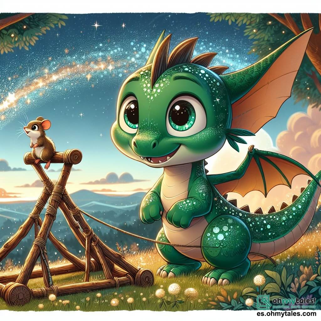 Un joven dragón llamado Drako, con escamas verdes brillantes y ojos llenos de curiosidad, se encuentra en una colina, sonriendo con entusiasmo mientras se prepara para saltar al aire con una gran catapulta hecha de ramas y hojas. A su lado, su mejor amigo, un pequeño ratón llamado Rufus, con pelaje marrón y ojos traviesos, observa con emoción, las patas levantadas en señal de alegría, listo para vivir la aventura. Al fondo, un hermoso cielo estrellado ilumina el paisaje, mientras árboles majestuosos con hojas brillantes rodean la escena, creando una atmósfera mágica. La situación principal muestra a Drako y Rufus volando por los aires, con el viento soplando en sus rostros, llenos de alegría infantil, mientras se preparan para descubrir el mundo más allá de las nubes.