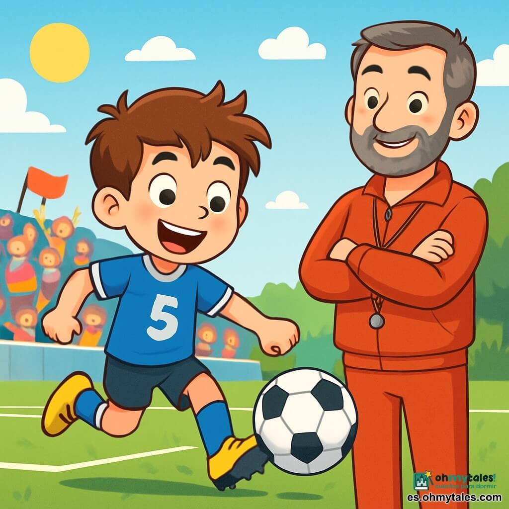 Un joven llamado Lucas, de unos 10 años, está en el centro de la imagen. Tiene el cabello castaño desordenado, ojos brillantes de alegría y una amplia sonrisa en su rostro, mostrando su emoción. Lleva una camiseta de fútbol azul con el número 5, un pantalón corto negro y zapatillas deportivas amarillas. Lucas está golpeando un balón de fútbol con energía, con una mirada concentrada y decidida. A su lado, su entrenador, el señor Ramón, un hombre de unos 40 años con cabello canoso y barba bien cuidada, observa con orgullo. Lleva un silbato al cuello y un chándal rojo, con los brazos cruzados, sonriendo mientras anima a Lucas. Al fondo, el campo de fútbol es verde, con líneas blancas bien marcadas. Las gradas están llenas de espectadores coloridos que agitan banderas y aplauden, creando un ambiente festivo. El cielo es azul con algunas nubes blancas, y el sol brilla, iluminando la escena. La situación principal muestra a Lucas realizando un tiro libre, concentrado y listo para marcar un gol, mientras sus compañeros se agrupan a su alrededor, impacientes y entusiasmados, listos para celebrar un posible éxito.