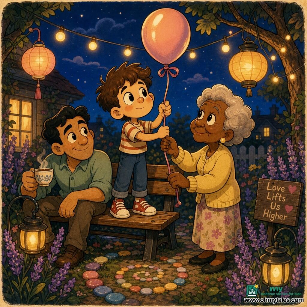 A tender dusk scene in a small nighttime garden: a round-faced 10-year-old boy with tousled chestnut hair and wide bright eyes stands calmly on a wooden bench holding the ribbon of a pastel balloon; Nana, a smiling wrinkled woman of about 70 with short silver hair and a pale yellow cardigan, gently places her hand on the ribbon and looks at the balloon with affection; a reassuring-looking father in his 40s in a casual shirt sits slightly back on the bench offering a cup of tea and watching proudly. Lanterns and string lights cast warm halos over purple lavender borders and a painted pebble spiral path; warm palette (yellow, peach, pastel pink) contrasts with deep twilight blue. Graphic style: soft lines, rounded rubber-hose cartoon forms, light paper textures, soft shadows, and exaggerated, child-friendly expressions.