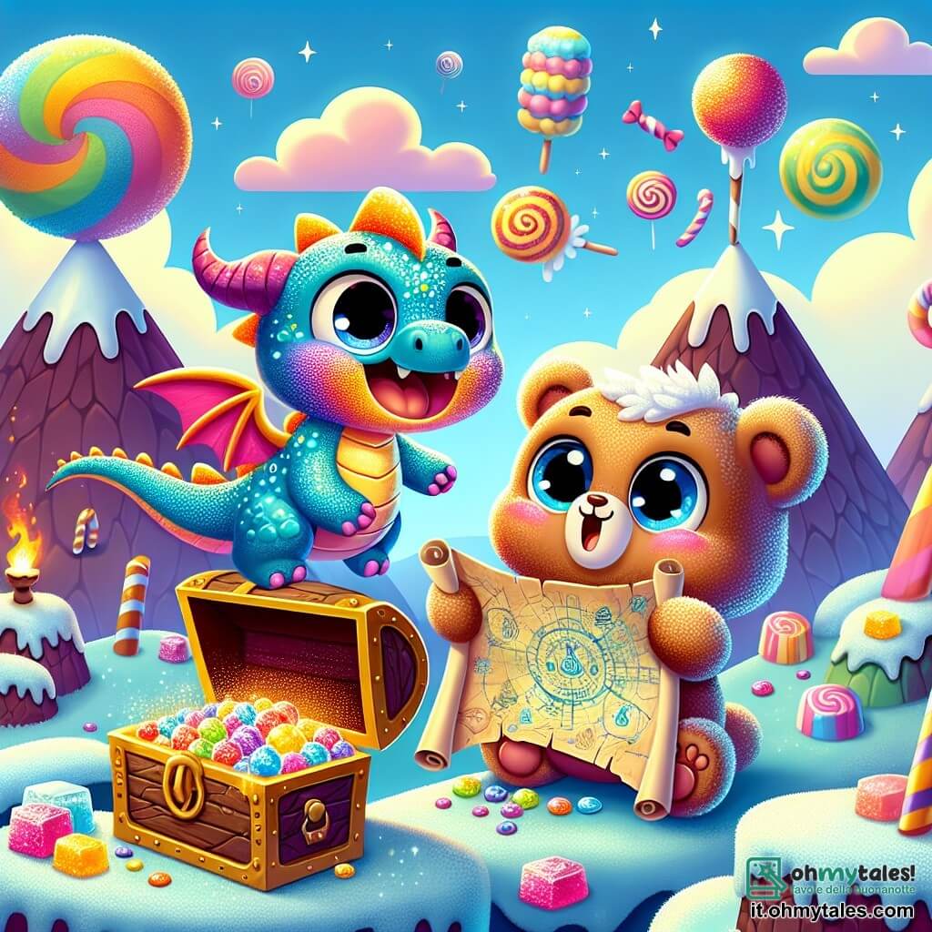Un piccolo drago colorato di nome Lupo, con squame brillanti di mille colori e grandi occhi curiosi, si trova sulla cima di una montagna di gelato, sorridendo mentre guarda un tesoro scintillante davanti a lui. Accanto a lui, un orsetto di peluche di nome Bibi, con un pelliccia morbida e marrone, occhi brillanti di gioia, salta di felicità tenendo una mappa antica tra le sue piccole zampe. Il paesaggio è incantevole: un cielo azzurro punteggiato di nuvole a forma di caramelle, montagne di zucchero filato e fiumi di cioccolato si snodano attraverso un paesaggio magico. La scena principale mostra Lupo e Bibi che scoprono insieme un forziere pieno di caramelle colorate e giocattoli magici, simboleggiando la loro amicizia e il loro spirito avventuroso.