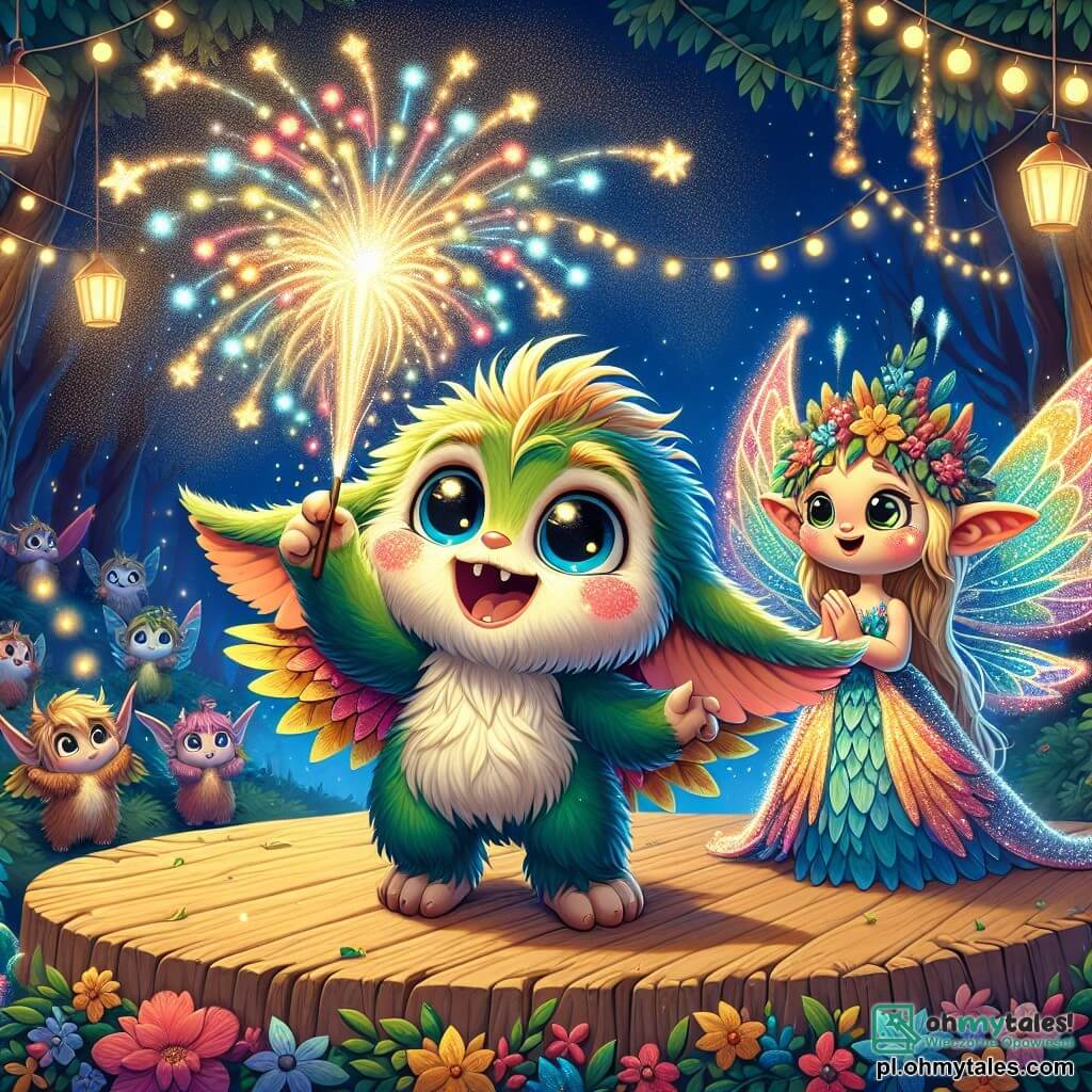 Mały magiczny stworek z jaskrawozielonym futrem i szerokim uśmiechem stoi na drewnianej scenie ozdobionej kolorowymi liśćmi i kwiatami. Jego oczy świecą ekscytacją, gdy wypuszcza świetliste iskry w nocne niebo. Obok niego znajduje się urocza skrzydlata istota z błyszczącymi skrzydłami w kolorach tęczy, która z zachwytem aplauzuje, z różowymi policzkami od entuzjazmu. Scena rozgrywa się na zaczarowanej polanie, oświetlonej lampionami zawieszonymi na drzewach, gdzie magiczne stworzenia zbierają się, aby świętować Nowy Rok. Girlandy kwiatów i migoczące światła tworzą festywną i przytulną atmosferę. Główny bohater przygotowuje pokaz fajerwerków, wypuszczając magiczne iskry w niebo, podczas gdy wszyscy przyjaciele go otaczają, niecierpliwie czekając na spektakl, który rozświetli gwiaździstą noc.