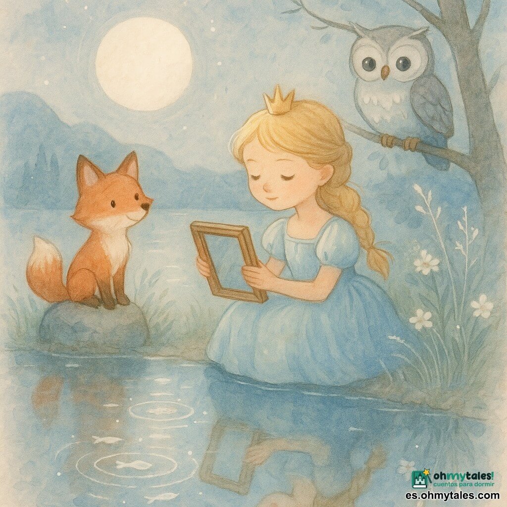 Una princesa (niña) sentada al borde de un lago espejo, rostro sereno y concentrado, cabello rubio trenzado y vestido azul pastel ligeramente abullonado, sostiene delicadamente un pequeño marco de madera antiguo que va recobrando su equilibrio; a la izquierda, un zorro rojo (chico animal) sentado sobre una piedra con mirada maliciosa y cola frondosa la observa inclinando la cabeza; detrás, sobre una rama baja, una lechuza gris (hembra animal) de ojos redondos y plumaje suave parece dar consejos en silencio; varios pececillos plateados brillan bajo la superficie formando círculos luminosos que reflejan la luna; la orilla está cubierta de altas hierbas plateadas y flores blancas, montañas azules difusas a lo lejos y una gran luna redonda que arroja una luz suave; la princesa escucha y acaricia el marco mientras el viento levanta mechones y el agua refleja la escena en dobles pálidos.