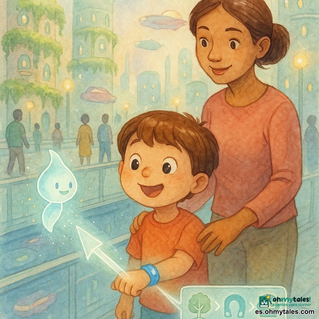 Niño de 6 años, rostro redondo, cabello castaño en corte bolita, expresión maravillada y alegre, ojos grandes y brillantes; sostiene la mano de su madre y mira una pequeña flecha luminosa proyectada por su pulsera azul en la muñeca. Madre, unos 30 años, cabello castaño recogido en moño bajo, sonrisa tranquilizadora, vestimenta sencilla y moderna; está justo detrás del niño con la mano en su hombro izquierdo. Pequeña guía LUMI, criatura luminosa en forma de gota translúcida color cian con chispas doradas, flota frente al niño proyectando una flecha de luz direccional. Escenario: pasarela peatonal transparente suspendida sobre una avenida flotante, suelo de vidrio con reflejos azulados, rascacielos con jardines colgantes y ventanas redondas, vehículos flotantes en tonos pastel y farolas de luz cambiante. Situación: niño maravillado en la pasarela cuya pulsera azul proyecta una flecha que señala tres símbolos (parque, estación magnética, taller de robots); la madre y la LUMI lo guían en una atmósfera clara y futurista en tonos pastel con toques blancos brillantes.