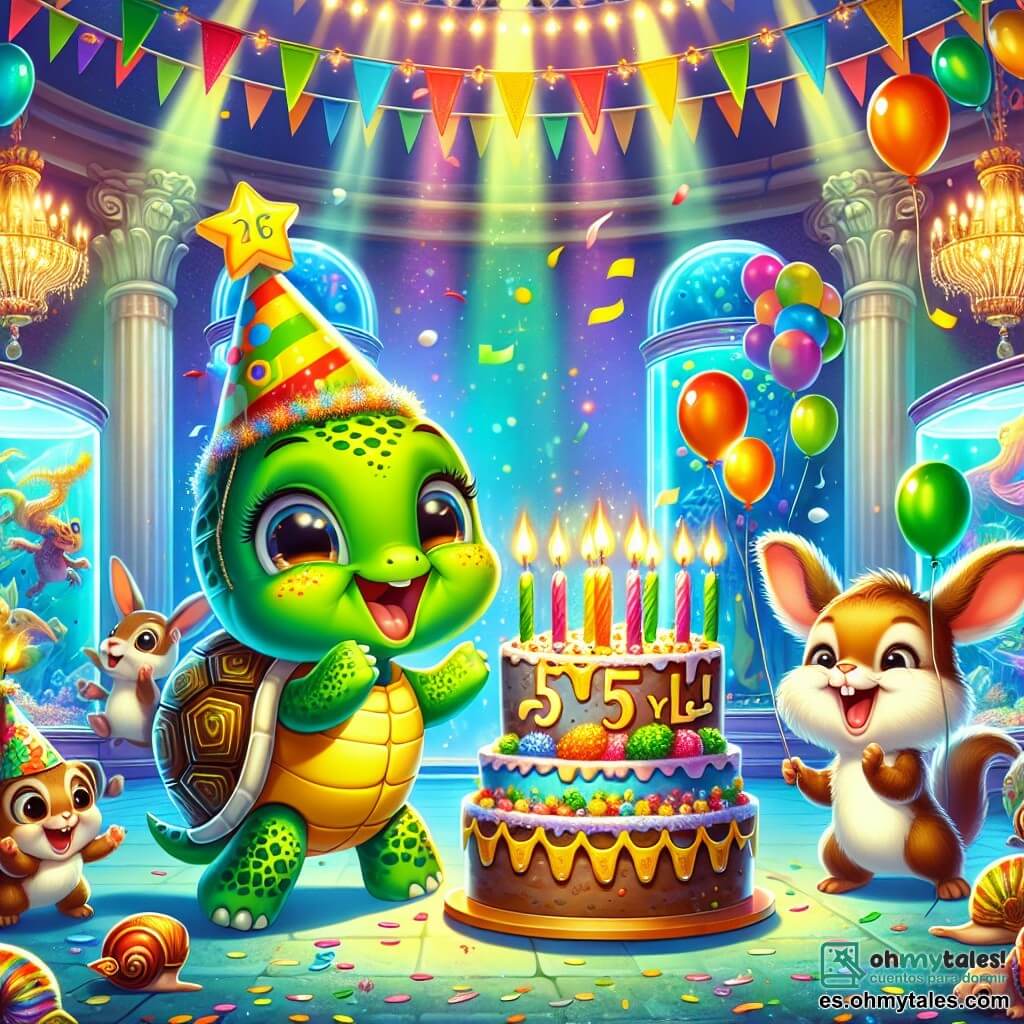 Ilustración que representa una pequeña tortuga verde con patrones amarillos en su caparazón, expresando gran alegría y una sonrisa radiante. Lleva un sombrero de fiesta amarillo con una estrella en la cima y sostiene un pastel de cumpleaños decorado con velas de colores. A su lado, una pequeña ardilla marrón con una cola esponjosa y ojos brillantes, saltando de alegría mientras aplaude. Un poco más lejos, un pequeño conejo blanco con orejas grandes, con una expresión entusiasta, agitando globos de colores. El escenario se sitúa en un museo mágico, lleno de cuadros vibrantes que representan animales bailando y esculturas fantásticas. Las paredes están adornadas con colores brillantes, y acuarios luminosos añaden un toque de ensueño a la atmósfera. La situación principal muestra a la tortuga y sus amigos celebrando su cumpleaños con risas, juegos y un pastel, rodeados de sorpresas y descubrimientos maravillosos. Elementos adicionales incluyen guirnaldas de colores vivos colgando del techo, confeti flotando en el aire y destellos de luz provenientes de los acuarios, creando una atmósfera festiva y alegre.