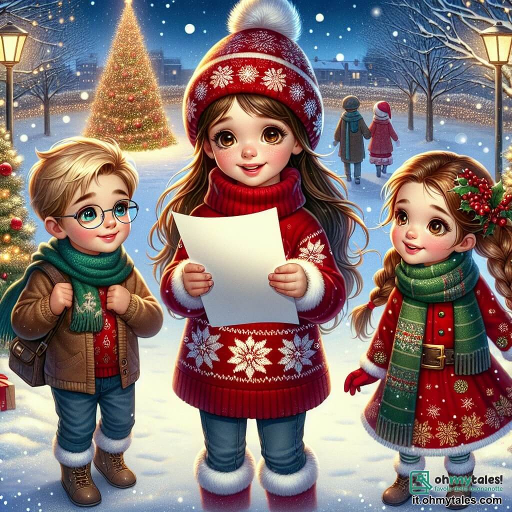 Una ragazza di 11 anni, Sofia, si trova al centro dell'immagine, con lunghi capelli castani e occhi pieni di curiosità. Indossa un maglione rosso con motivi di fiocchi di neve e un sorriso radioso, mentre tiene una lettera di carta tra le mani, piena di eccitazione e speranza. Accanto a lei, il suo amico Leo, un ragazzo di 12 anni con capelli biondi e occhiali, guarda la lettera con un'espressione meravigliata, indossando una sciarpa verde e un cappotto blu. Poco più in là, Marta, un'altra amica di 11 anni con capelli castani e trecce, si avvicina sorridendo, indossando un berretto di Natale rosso e un vestito a motivi festivi. Lo scenario si svolge in un parco invernale, dove la neve copre il suolo come un morbido tappeto bianco. Alberi decorati con luci scintillanti si ergono intorno a loro, mentre un grande albero di Natale illuminato svetta maestoso sullo sfondo. Fiocchi di neve cadono dolcemente dal cielo, creando un'atmosfera magica e gioiosa. La situazione principale mostra Sofia, Leo e Marta riuniti attorno alla lettera per Babbo Natale, pronti a vivere un'avventura natalizia, con sorrisi sui loro volti, circondati dalla bellezza invernale e dallo spirito festivo che li avvolge.
