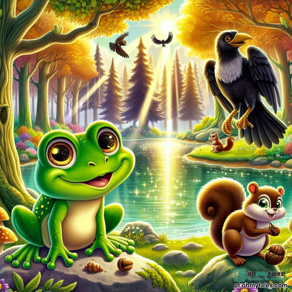 No centro da imagem, uma pequena rã chamada Tito, com pele verde brilhante e olhos curiosos, está em uma pedra à beira de um lago cintilante. Sua expressão é determinada e alegre, enquanto ele olha ao longe, pronto para a aventura. Ao lado dele, uma esquilo chamada Zizi, com pelagem marrom clara e uma cauda peluda, come uma noz enquanto observa Tito com um sorriso encorajador. Um pouco mais longe, um corvo negro chamado Corbin, empoleirado em um galho, exibe suas asas com orgulho, pronto para guiar seus amigos na floresta. O cenário é uma floresta encantada, com árvores majestosas de folhas douradas e flores coloridas ao longo do caminho que leva ao lago. A luz do sol filtra através dos galhos, criando padrões dançantes na água. A situação principal mostra Tito e seus amigos se preparando para explorar o lago misterioso, atraídos por uma luz dourada que brilha no centro da água, prometendo uma aventura mágica e descobertas extraordinárias.