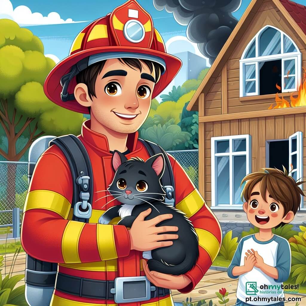 Um bombeiro chamado João está no centro da imagem, vestido com um uniforme vermelho brilhante e um capacete reluzente. Seu rosto é sorridente e determinado, com olhos brilhando de coragem, enquanto segura um gato preto em seus braços, confortando-o após o resgate. Ao lado dele, um menino chamado Miguel, com cerca de 8 anos, cabelos castanhos bagunçados e um grande sorriso, usa um mini capacete de bombeiro e olha para João com admiração, os olhos arregalados de espanto. Ao fundo, uma casa de madeira com fumaça saindo de uma janela, cercada por vegetação, enquanto árvores e um céu azul claro trazem serenidade à cena. A situação principal mostra João, o bombeiro, saindo heroicamente da casa em chamas com o gato nos braços, enquanto Miguel, cheio de entusiasmo, aplaude e sonha em se tornar bombeiro também.
