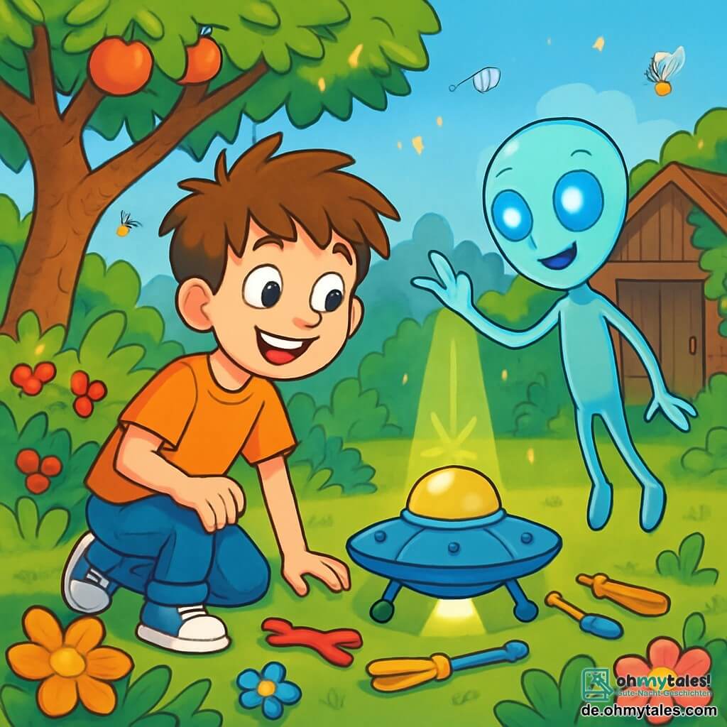 Ein 10-jähriger Junge, Paul, mit zerzausten braunen Haaren und neugierigen, funkelnden Augen steht in einem üppigen Garten, umgeben von bunten Blumen und einem alten Apfelbaum. Er hat ein staunendes Lächeln und schaut auf einen kleinen Außerirdischen, Sori, der neben ihm schwebt. Sori ist ein seltsames Wesen mit einem schlanken, ovalen Körper, dünnen Armen und leuchtend blauen Augen, die ein sanftes Licht ausstrahlen. Der Garten ist voller Grün, mit Sträuchern von wilden Beeren und schimmernden Insekten in der Luft. Im Hintergrund ist eine alte Holzgarage, die teilweise von Kletterpflanzen verdeckt ist. Die Hauptsituation zeigt Paul und Sori, die gemeinsam an einem kleinen Raumschiff arbeiten, mit bunten Werkzeugen um sie herum, während ein Lichtstrahl über dem Raumschiff schimmert, bereit zum Abheben. Pauls Gesichtsausdruck ist voller Aufregung und Freundschaft, während Sori fröhlich und entschlossen aussieht, bereit, nach Hause zurückzukehren.