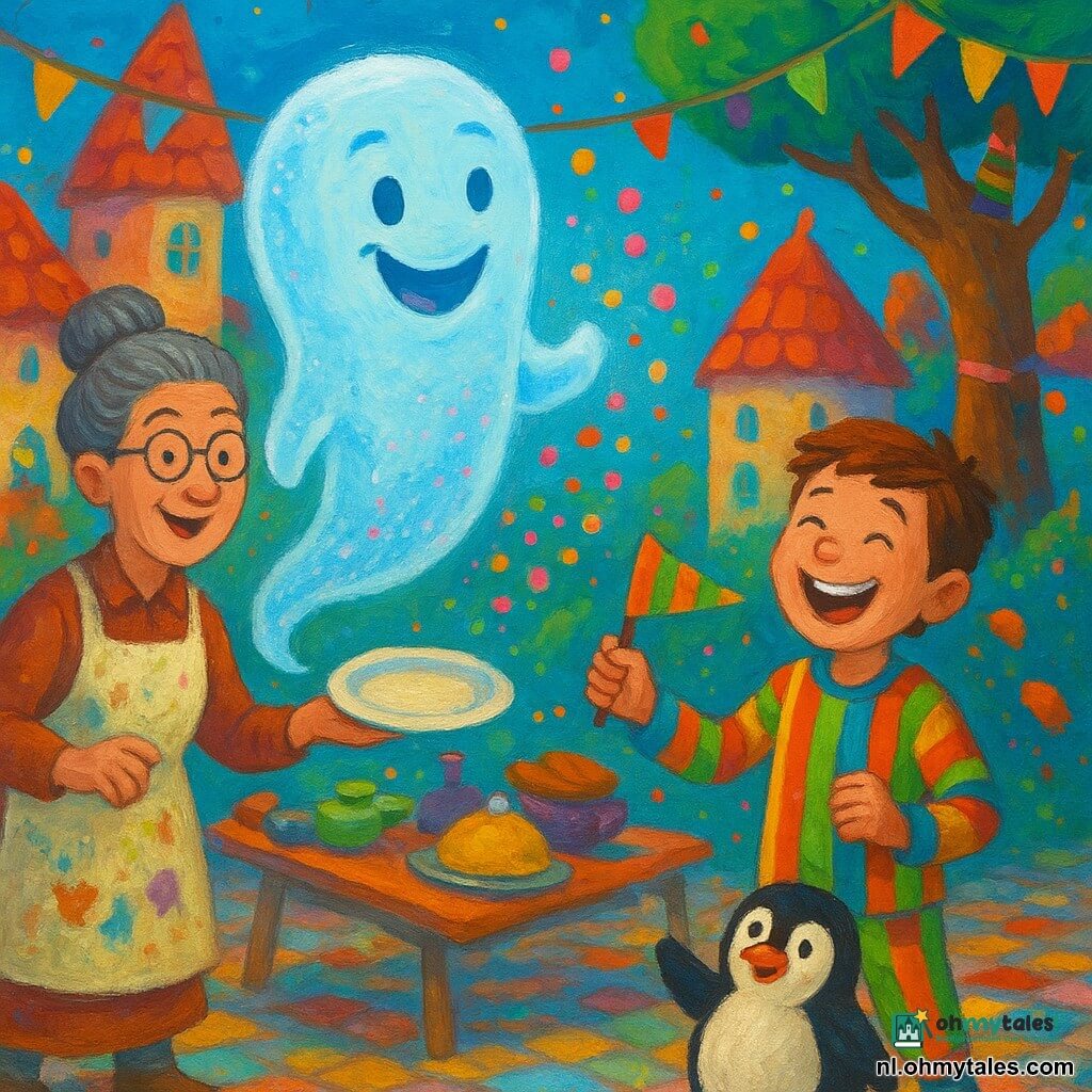Een vrolijke, lichtgevende geest genaamd Gaston zweeft in het midden met een speelse glimlach, doorschijnend in lichtblauw en parel met roze glitters en blaast confettibellen; een verlegen jongen van ~9 jaar in kleurrijke pyjama en sokken op de oren lacht rechts en houdt een oranje-groen gestreept slinger; mevrouw Spriet, uitvindster van ~40 jaar met grijs haar in een knot en een beschilderd schort, staat links en toont knipogend een glanzend leeg bord — de Onzichtbare Taart; een rond pinguïn op een klein ijsplateau wappert met een vleugel; scène: dagfeest op een betoverd dorpsplein met snoepdakhuizen, bomen met sokvormige bladeren, lichtslingers en vallende confetti, gekleurde keien en een omgegooide tafel vol vreemde gerechten, dynamische compositie, verzadigde kleuren en zichtbare acrylverfstructuur.