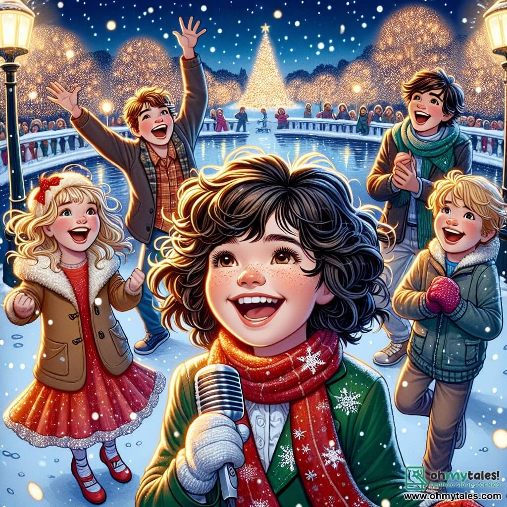 In a snowy park, five children are having fun together under a starry sky. Max, a 10-year-old boy with messy brown hair and a bright smile, is at the center holding a microphone and laughing with his friends. To his right is Lily, a 9-year-old girl with curly black hair, wearing a red scarf and gloves, joyfully clapping. 

To Max's left, Sam, an 11-year-old boy in a wheelchair, smiles enthusiastically, holding a microphone, ready to tell a joke. Just behind them, Mia, a 10-year-old girl with blonde hair in a sparkly dress, dances gracefully, lighting up the scene with her joy. Finally, Owen, a 10-year-old boy with glasses and brown hair, stands at the back, laughing heartily, ready to share a new joke.

The park is decorated with twinkling lights and gently falling snowflakes, creating a magical atmosphere. Fireworks explode in the sky, illuminating the happy faces of the children, while a large decorated snowman stands beside them, adding a festive touch to the scene.

The main focus shows the children celebrating New Year's together, sharing laughter and moments of happiness, surrounded by a warm and festive atmosphere.