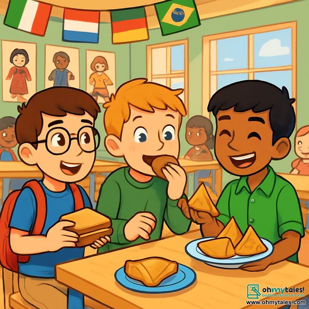 There are three characters: Ben, an 11-year-old boy with brown hair and glasses, wearing a blue t-shirt and beige pants, standing on the left, smiling and holding his backpack; Liam, an 11-year-old boy with blond hair and freckles, wearing a green sweater and jeans, in the center, curiously tasting a piece of Irish bread; and Raj, an 11-year-old boy with black hair and brown skin, wearing a shiny green shirt and shorts, on the right, smiling and holding a plate of samosas, ready to share his food. The setting is a school cafeteria with colorful wooden tables and walls decorated with children's drawings representing cultures from around the world. Flags from different countries hang from the ceiling, and sunlight streams in through the windows, creating a warm and welcoming atmosphere. The main scene shows the three boys sitting together at a table, exchanging typical dishes from their respective cultures. Ben shares his doce de leite sandwich, Liam tastes a samosa with a big smile, and Raj laughs while showing how to eat with hands. They are surrounded by other curious children, illustrating the joy of diversity and friendship.