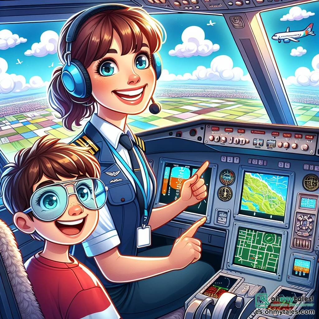 Una piloto llamada Sofía está en la cabina de un avión, sonriendo y llena de energía, con gafas de piloto y un uniforme azul. Tiene el cabello castaño recogido en una coleta y mira con entusiasmo a través del parabrisas, mientras los nubes blancas flotan a su alrededor. A su lado, un niño llamado Tomás, de unos 8 años, está sentado en el asiento del pasajero. Tiene el cabello castaño y ojos brillantes de curiosidad, lleva una camiseta roja y un pantalón corto. Mira maravillado por la ventana, señalando las nubes como si quisiera tocarlas. La escena ocurre en la cabina de un avión moderno, con instrumentos coloridos y pantallas brillantes que muestran mapas de vuelo. Afuera, el cielo es de un azul brillante, salpicado de nubes esponjosas, y debajo se puede ver un paisaje de ciudades y campos. Sofía está lista para despegar, mientras Tomás descubre la magia de volar, ambos llenos de emoción y aventura.