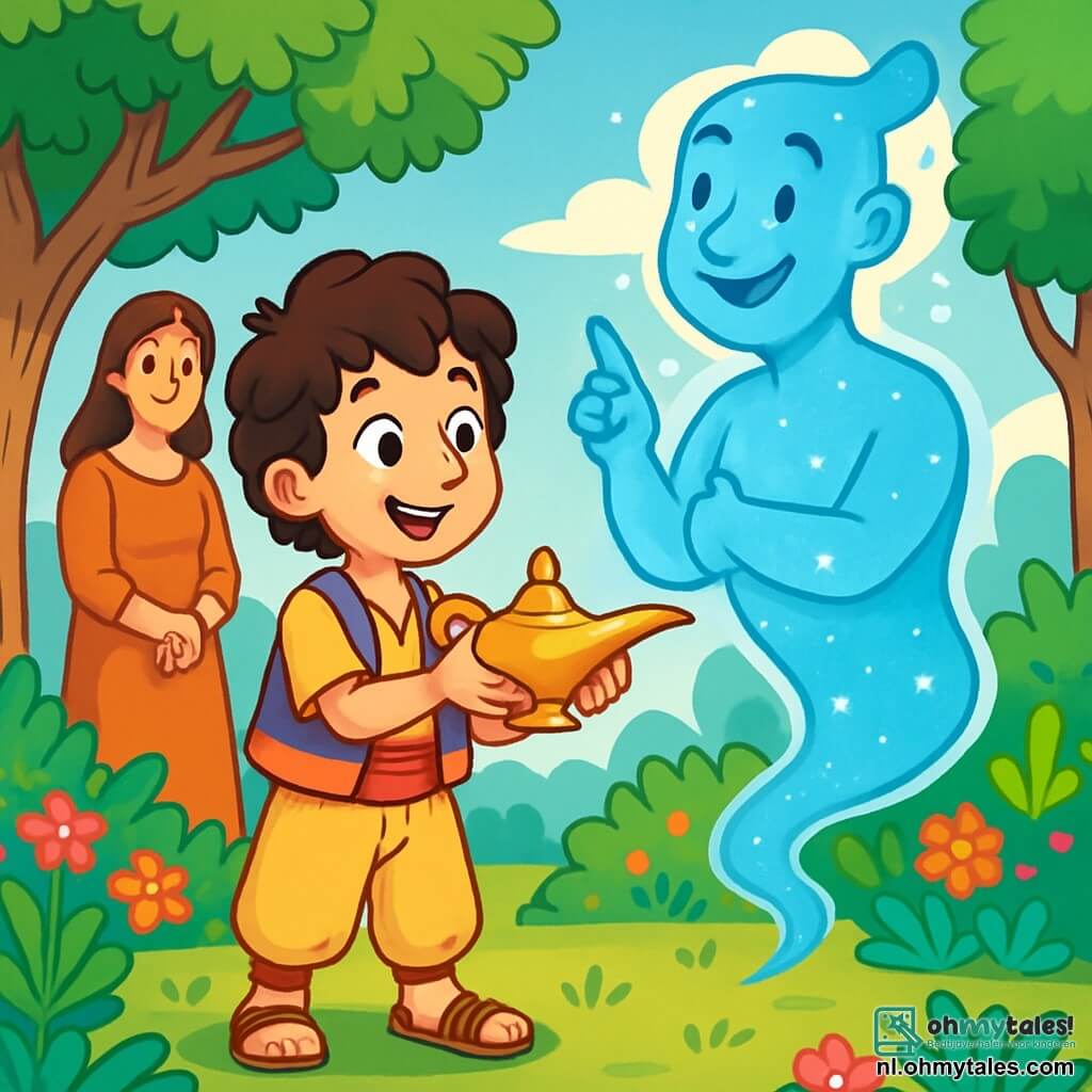 Aladdin, een jonge jongen met krullend haar en nieuwsgierige ogen, staat voor een oude metalen lamp met een verwonderde glimlach op zijn gezicht. Hij draagt een kleurrijke tuniek en versleten sandalen. Naast hem zweeft de Djinn, een schitterend hologram met vloeiende en heldere vormen, in de lucht met een vriendelijke en aanmoedigende uitdrukking. Op de achtergrond kijkt Aladdin's moeder, een vrouw van in de veertig met lang bruin haar, trots toe. Ze draagt een eenvoudige jurk en kijkt haar zoon aan met liefdevolle ogen. De scène speelt zich af in een geheime tuin, vol stralende bloemen en weelderige planten, onder een heldere blauwe lucht met donzige witte wolken. Majestueuze bomen met dikke stammen omringen de tuin en creëren een magische en vredige sfeer. Aladdin, met de lamp in de hand, staat op het punt zijn eerste wens te doen, zijn hart klopt van opwinding en hoop, terwijl de Djinn hem aanmoedigt met een stralende glimlach, klaar om zijn dromen werkelijkheid te maken.