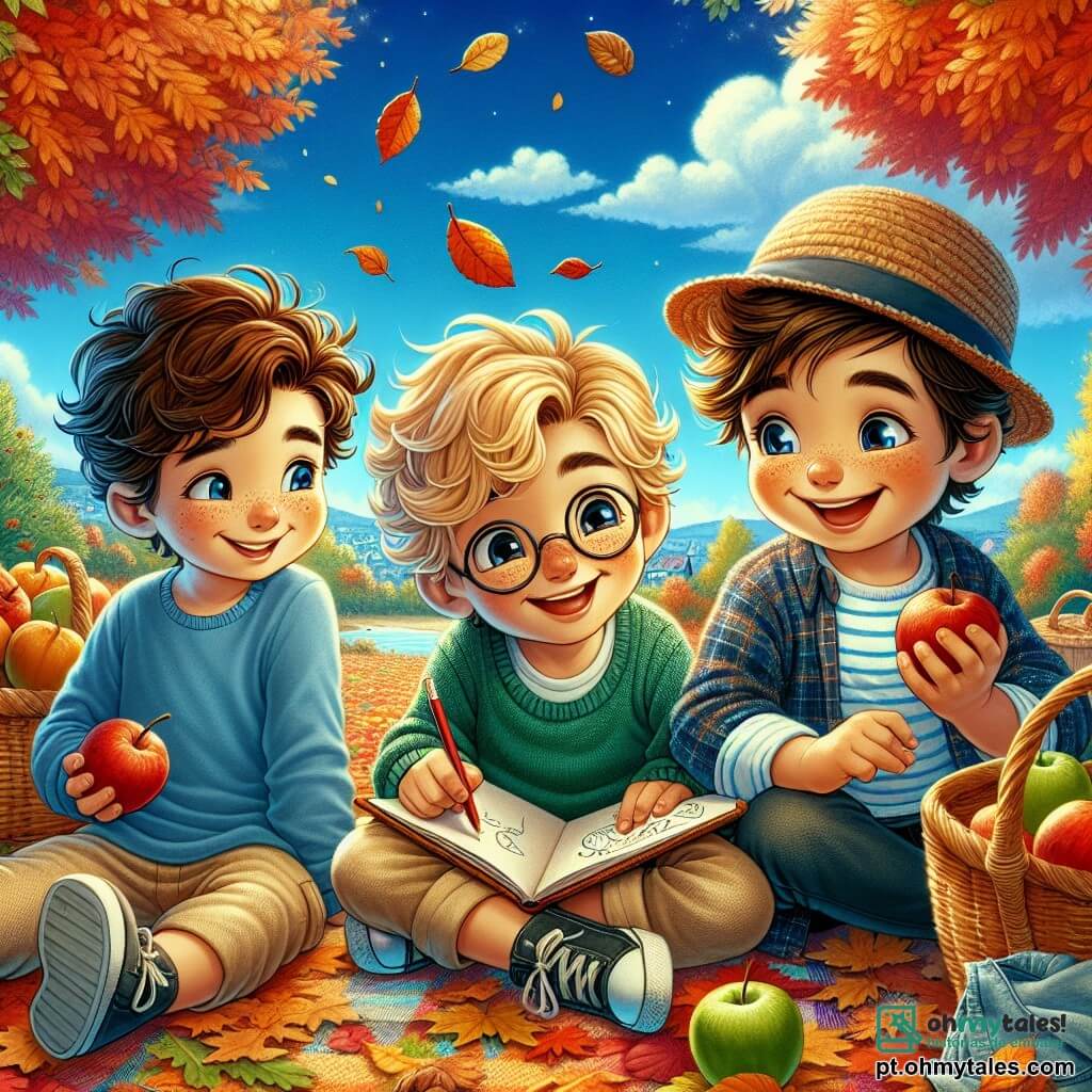 Três meninos, Miguel, Pedro e João, com idades entre 8 e 9 anos, estão sentados em um grande tapete de folhas coloridas. Miguel, com cabelos castanhos e cacheados, usa uma camiseta azul e um short bege, sorrindo enquanto segura uma folha vermelha. À sua direita, Pedro, com cabelos loiros e óculos, veste um suéter verde e uma calça preta, desenhando com um lápis em um caderno. À esquerda, João, com cabelos castanhos e um chapéu de palha, usa uma camisa xadrez e jeans, mordendo uma maçã crocante com um grande sorriso. O cenário é um lindo pomar de maçãs no outono, cercado por árvores com folhas vibrantes em tons de laranja, amarelo e vermelho. O chão está coberto por um espesso tapete de folhas que estalam sob os pés, e o céu é de um azul brilhante, salpicado de algumas nuvens brancas. Os meninos estão fazendo um piquenique alegre, cercados por cestos cheios de maçãs brilhantes, rindo e compartilhando histórias, enquanto uma brisa suave faz as folhas dançarem ao seu redor, criando uma atmosfera calorosa e festiva.