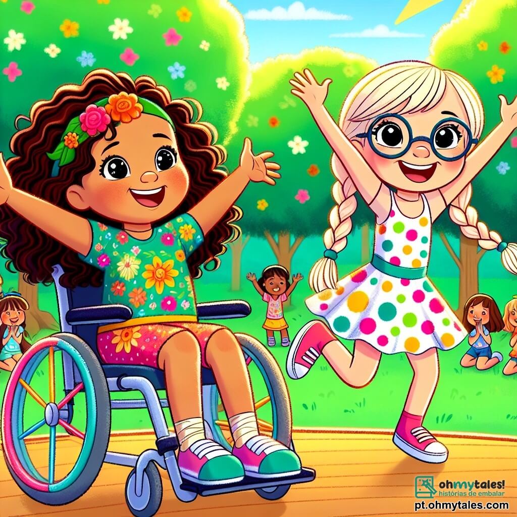 Uma menina de 8 anos, Clara, está sentada em sua cadeira de rodas, com um grande sorriso no rosto. Ela tem cabelos cacheados castanhos, olhos brilhantes de alegria e usa uma camiseta colorida com estampas de flores. Clara está dançando alegremente, com os braços levantados, cercada por uma aura de felicidade. Ao lado dela, sua melhor amiga, Sofia, também de 8 anos, usa óculos redondos e tem cabelos loiros trançados. Ela pula entusiasmada, com os braços abertos, demonstrando sua alegria contagiante, vestindo um vestido de bolinhas coloridas. O cenário é um parque ensolarado, cheio de árvores verdes e flores vibrantes, com outras crianças brincando ao longe e risadas no ar. O chão é coberto de grama verde e macia, criando uma atmosfera alegre e acolhedora. A cena principal mostra Clara e Sofia dançando juntas em uma competição de talentos, com aplausos e sorrisos ao redor, ilustrando a força de sua amizade e sua alegria de viver.