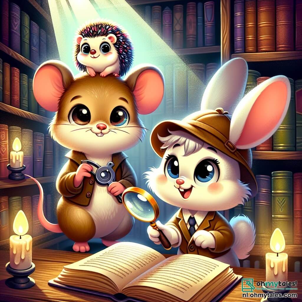 Een klein figuurtje, een muis met grote oren en een lichtbruine vacht, kijkt met verwonderde, grote ogen naar een oud, stoffig boek in een bibliotheek. Ze draagt een kleine detectivehoed en houdt een vergrootglas in haar voorpootjes, klaar om mysteries te ontdekken. Naast haar onderzoekt een vrolijk konijntje met grote witte oren en een stralende glimlach nieuwsgierig een pagina van het boek, zijn ogen sprankelend van opwinding. Een golf van energie en enthousiasme straalt van hem af terwijl hij lichtjes op de plaats springt. Een egel met zachte, kleurrijke stekels, met een vastberaden blik, staat iets op de achtergrond en observeert aandachtig zijn omgeving, klaar om zijn vrienden te helpen. Zijn blik is gefocust en hij lijkt na te denken over de volgende stap van hun onderzoek. De scène speelt zich af in een oude bibliotheek, vol boeken met kleurrijke kaften, met donkere houten planken en lichtstralen die door de stoffige ramen filteren, waardoor een magische en mysterieuze sfeer ontstaat. De drie vrienden ontdekken een oud boek dat hen lijkt aan te roepen, en ze staan op het punt om zich in een ongelooflijk avontuur te storten om het mysterie van de verdwenen sterren op te lossen.